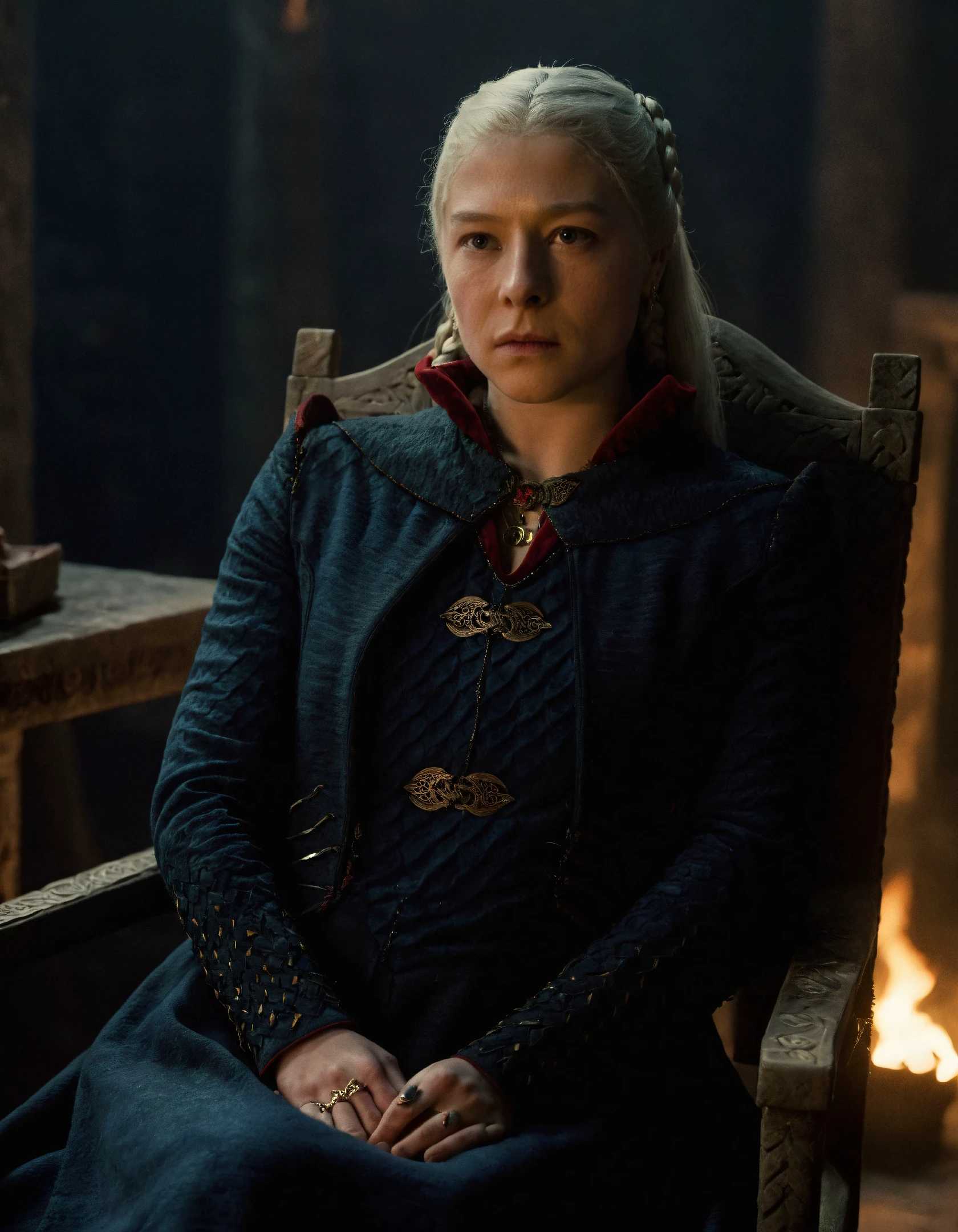 super high resolution photo,upper body shot of rha3nyra,she has a long braid white hair ponytail,she is wearing a blue coat and necklace and she is sitting on a chair in a dark medieval room,super detailed background,depth of field,(sweaty skin:1.2),volumetric lighting,during night,a lot of torches are illuminating the surrounding,dimly lit,(surreal dramatic lighting shadow),natural lighting