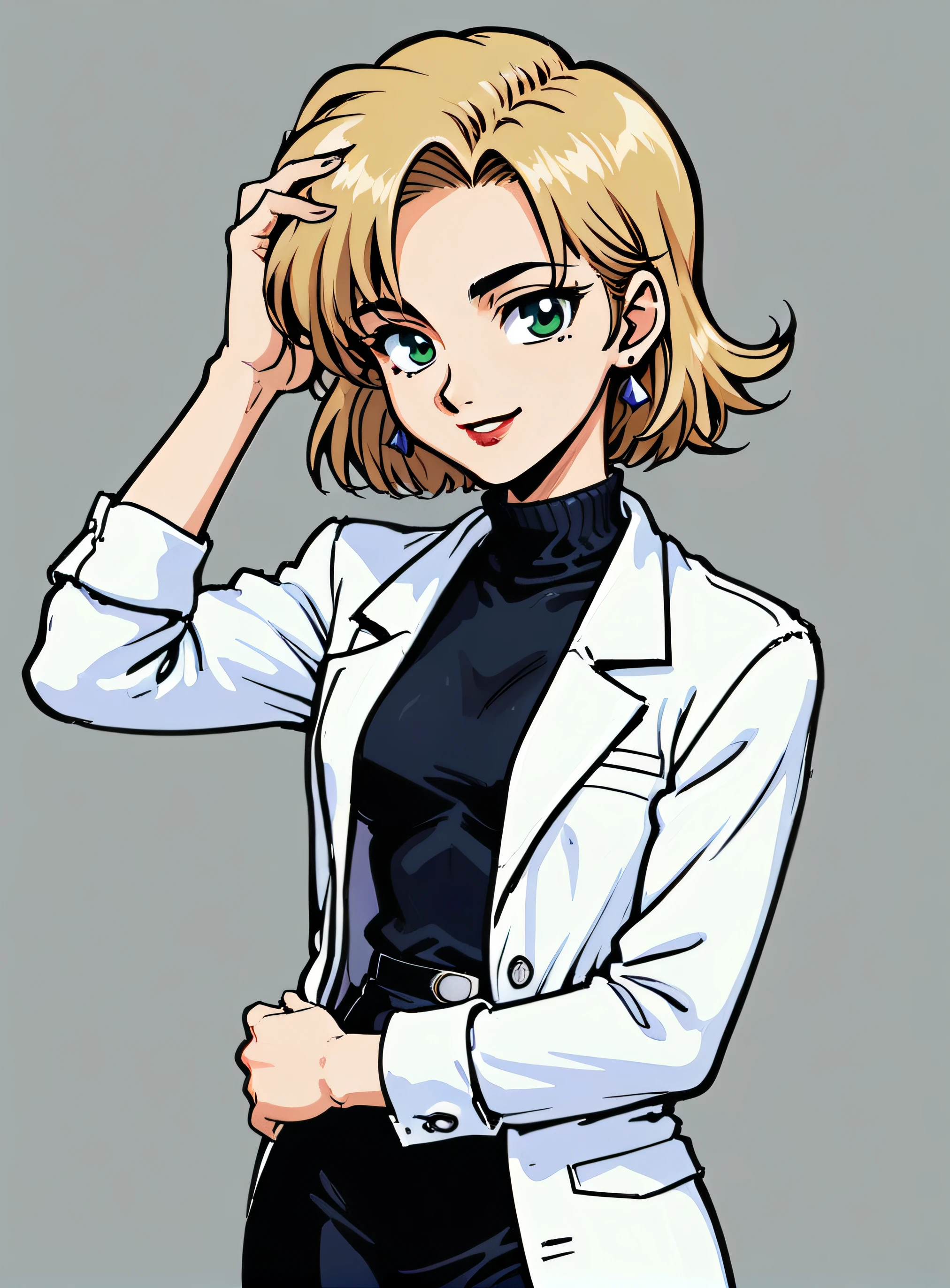 retro artstyle,1990s (style),oldest, <lora:Ritsuko:0.7> Ritsuki Akagi, 1girl,solo,looking at viewer,smile,short hair,bangs,skirt,blonde hair,simple background,shirt,white background,jewelry,green eyes,standing,pantyhose,cowboy shot,earrings,miniskirt,black skirt,mole,black pantyhose,mole under eye,makeup,turtleneck,lipstick,sleeves rolled up,pencil skirt,hand in own hair,adjusting hair,labcoat,hand on own head,