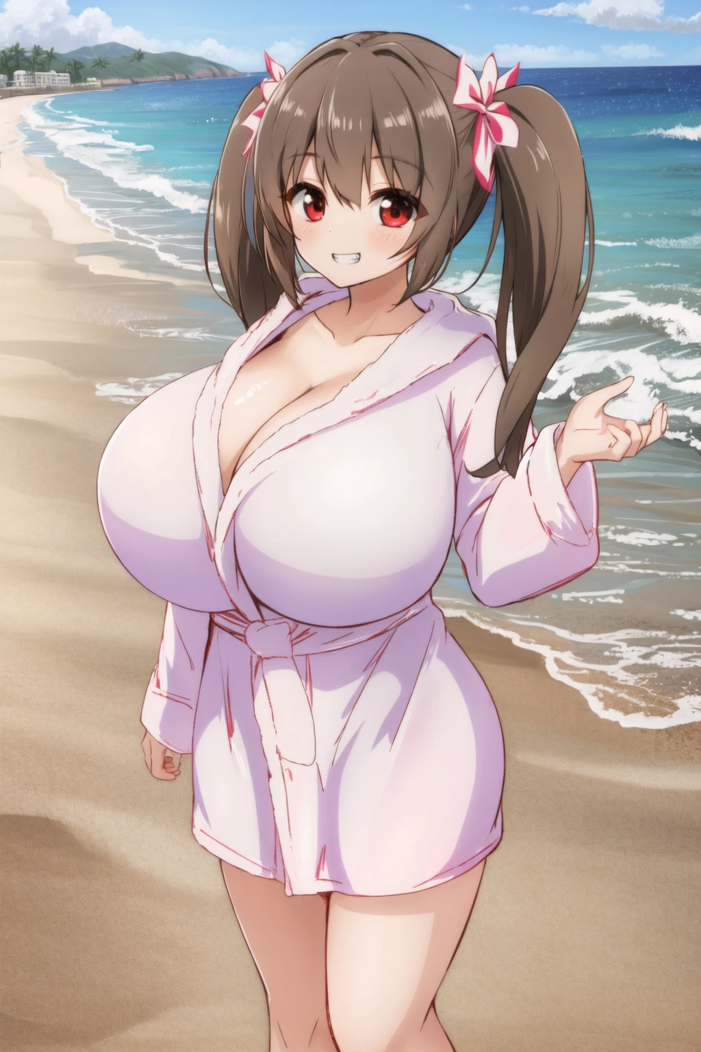 <lora:shortbath:0.6>, short bathrobe, gigantic breasts, twintails, brown hair, grin, beach, standing, <lora:moralgear3-10:0.6>, red eyes