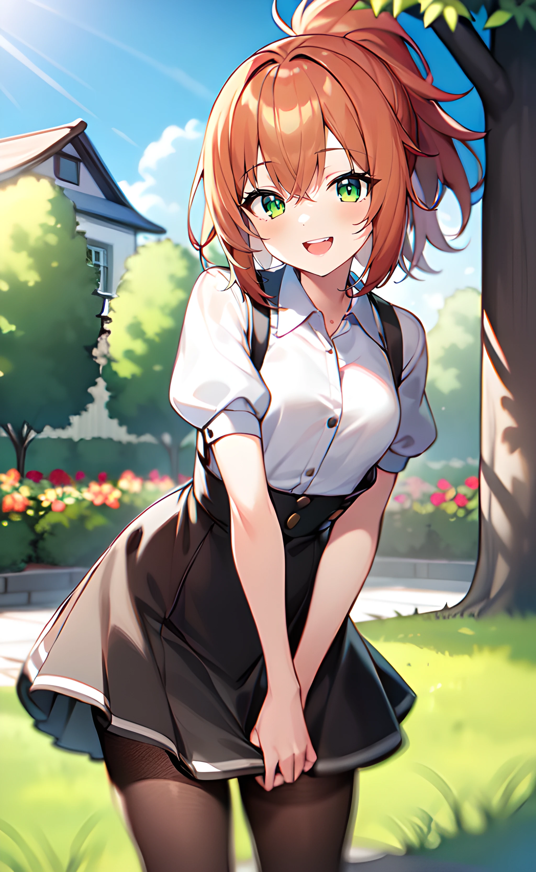 1girl, cowboy, standing, medium hair, orange hair, green eyes, ponytail, white shirt, collared shirt, (puffy short sleeves:1.3), black skirt, suspender skirt, black pantyhose, open mouth, smile, outdoors, garden, flower, tree, house, blue sky, sunlight