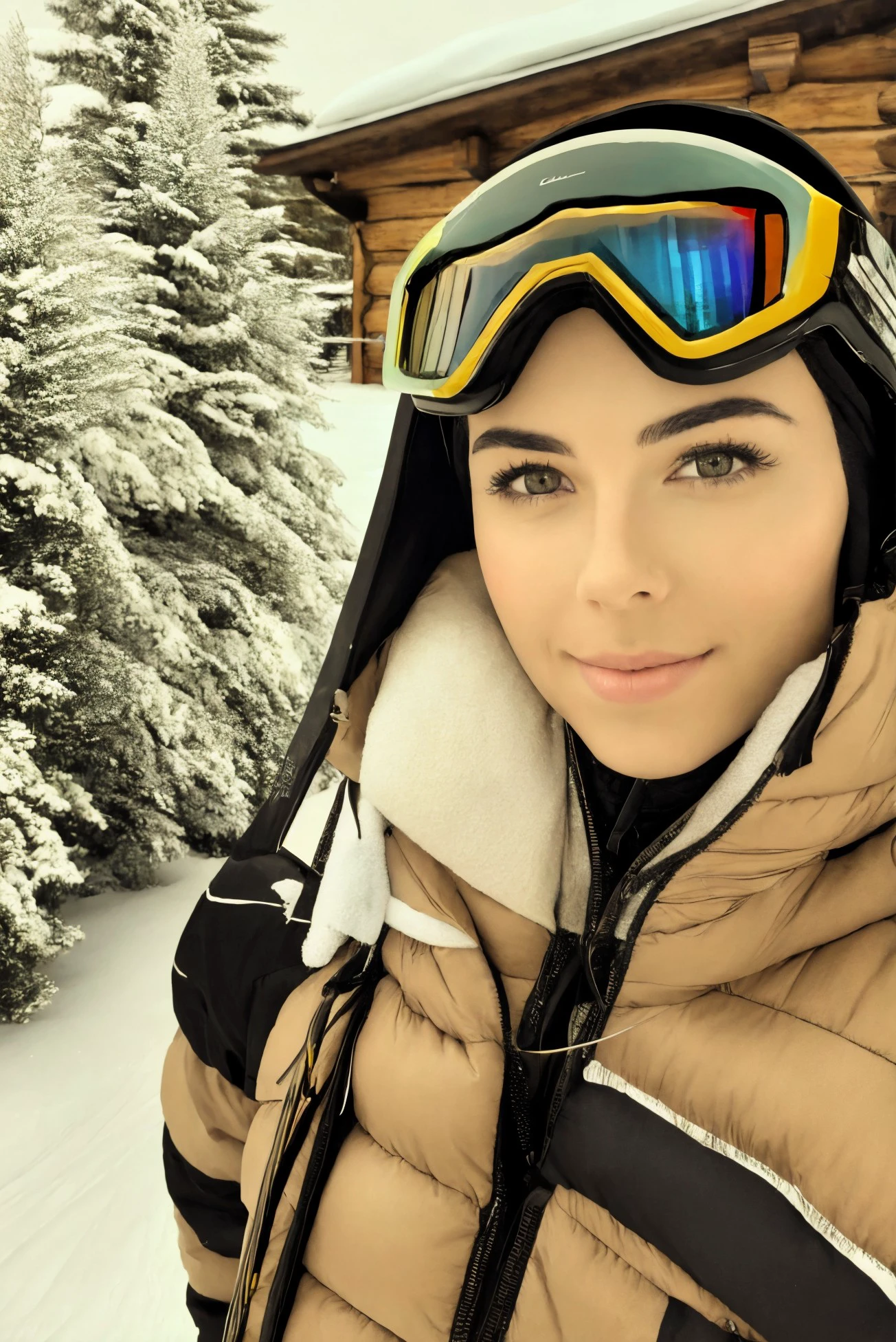 woman 20 years young face closeup, European, 
 ([Eva( :0)Longoria|sarah james|ali(:0)zee]:0.9) closeup
sepia filter,  <lora:dynamic_shot_31_sepia_filter_:0.85>
Snowy mountain lodge and ski slopes,
highres, high quality, high resolution, hd, 4k, masterpiece, realistic,