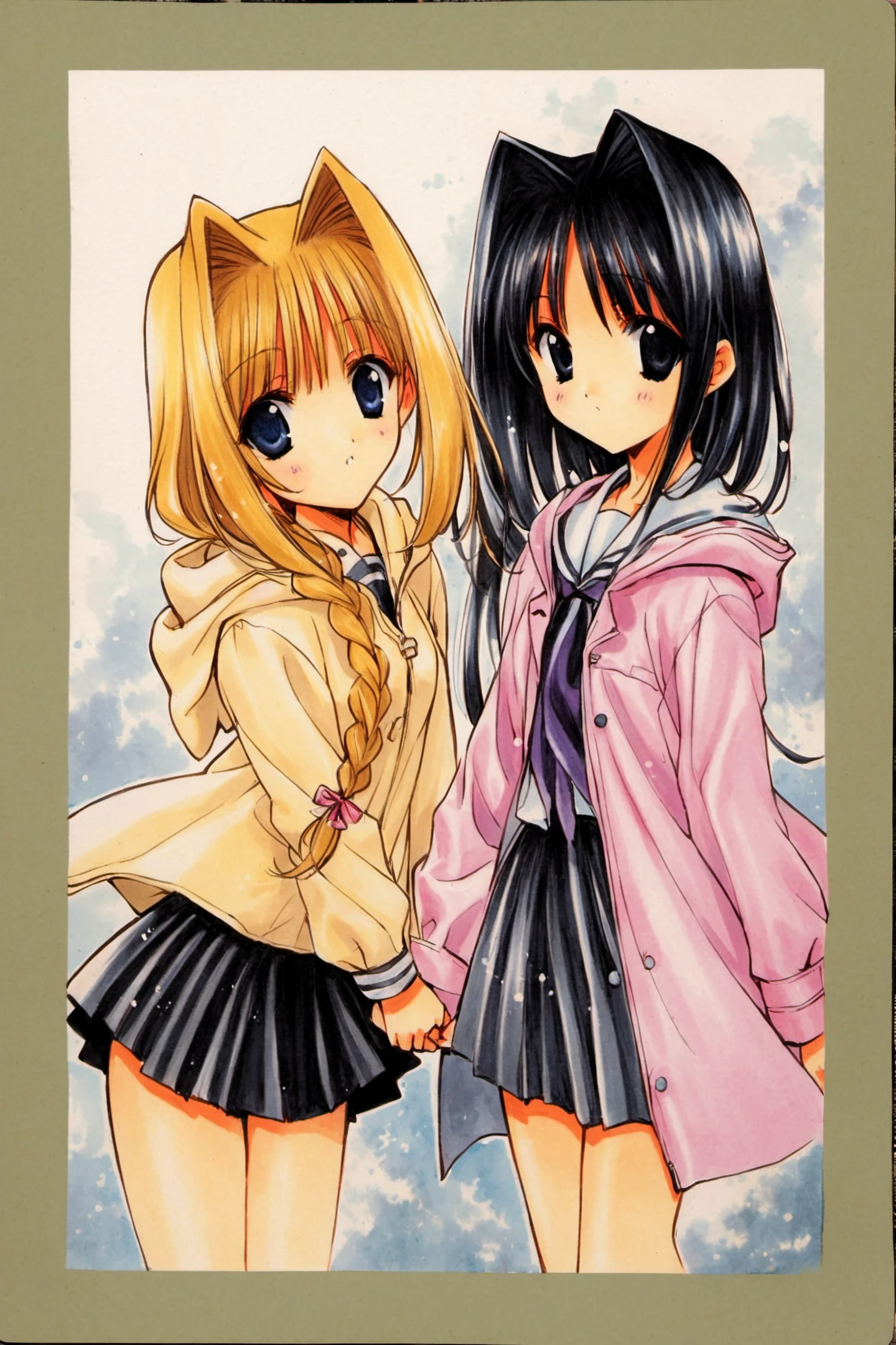 multiple girls,2girls,umbrella,blonde hair,long hair,skirt,hood,braid,school uniform,raincoat,short hair,hair intakes,black hair,long sleeves,black eyes,single braid,holding hands,traditional media,<lora:Aoi Nanase_XL:0.9>,