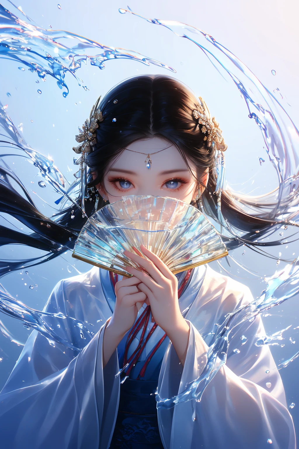 yushuishan, 1girl, solo, looking at viewer, hand fan, water, holding, straight-on, holding fan, upper body, black hair, long sleeves, jewelry, chinese clothes, hair ornament, blue eyes, long hair, folding fan, wide sleeves, covered mouth, hands up, grey eyes,
Best quality,masterpiece,ultra high res,<lora:20240323-1711170356508-0020:0.7>,