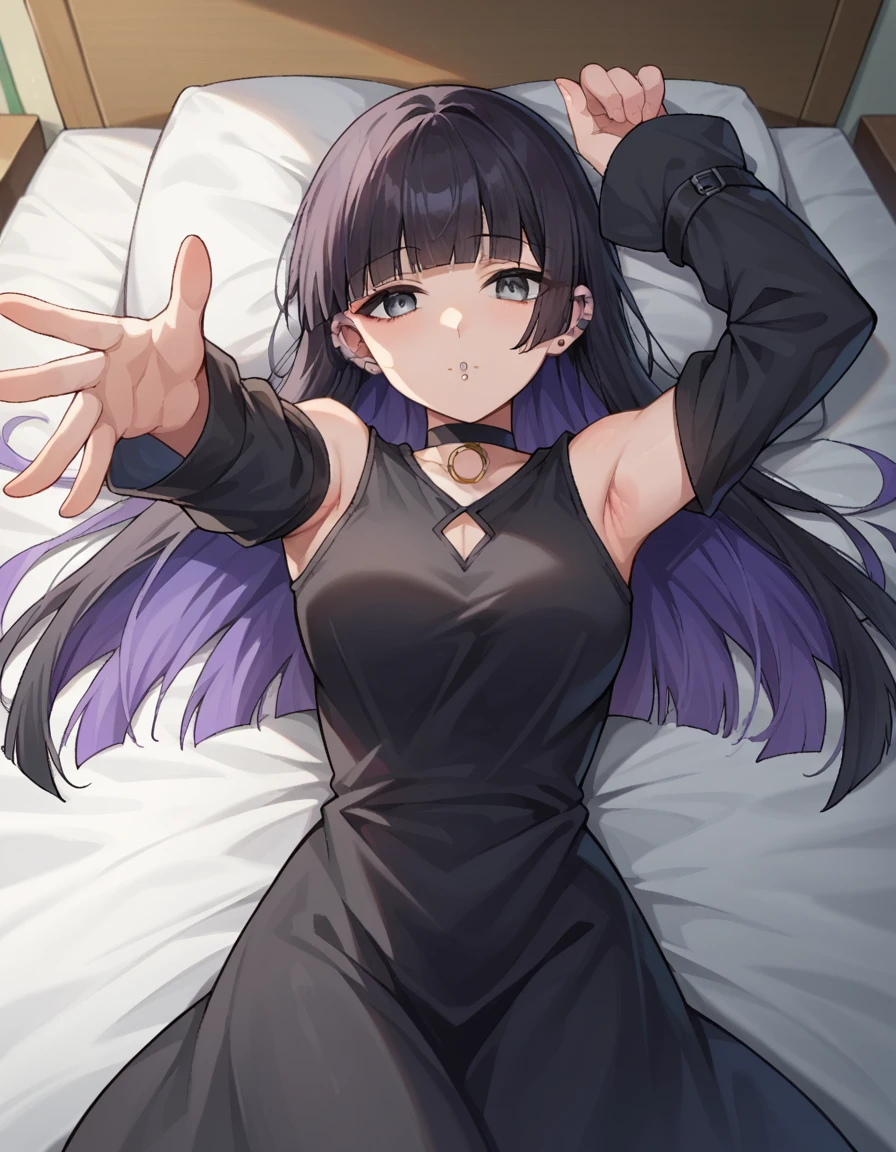 score_9, score_8_up, score_7_up, source_anime,
pasan, <lora:pa-san-ponyxl-lora-nochekaiser:1>,
pasan, black hair, blunt bangs, blunt ends, chin piercing, colored inner hair, ear piercing, grey eyes, hime cut, long hair, medium bangs, multicolored hair, piercing, purple hair, mature female,
bare shoulders, black choker, black dress, black sleeves, choker, clothing cutout, detached sleeves, dress, gothic, shoulder cutout, sleeves past fingers, sleeves past wrists, very long sleeves,
indoors, bed, bed room, on back, arm support, arms up, incoming hug, pov, reaching, reaching towards viewer,
looking at viewer, cowboy shot, dutch angle,