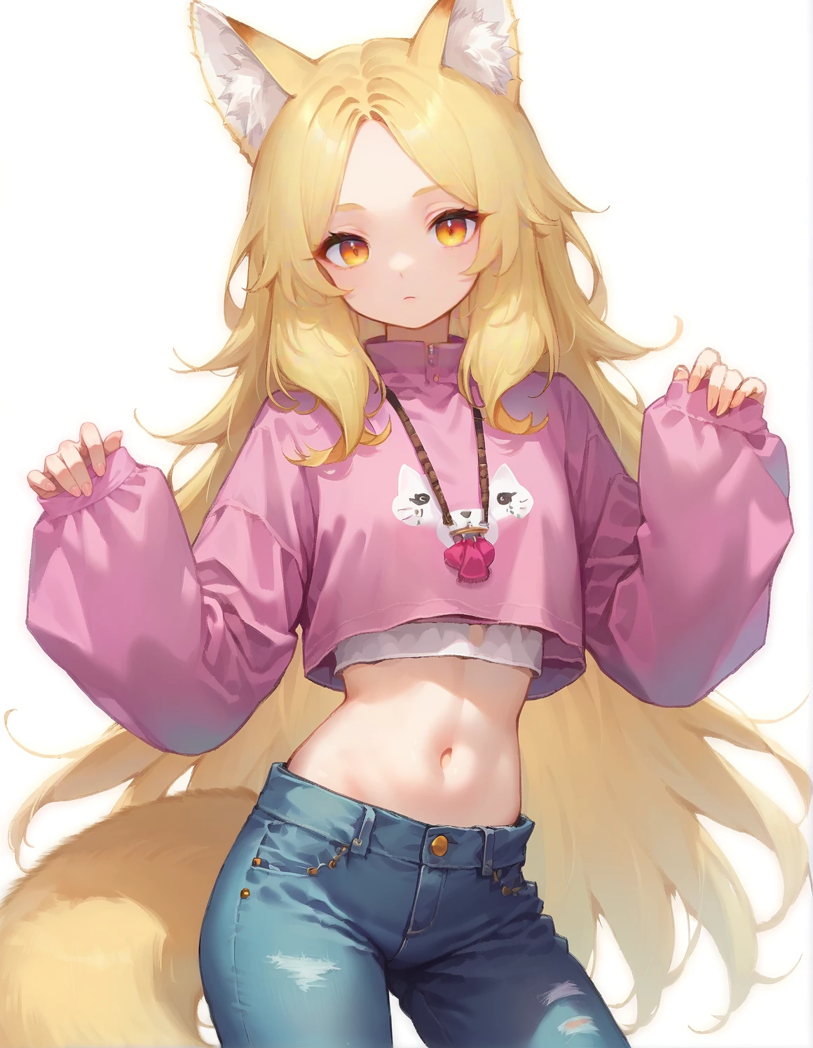 <lora:fox_girl_pony:1> score_9, score_8_up, score_7_up, score_6_up, source anime, kittunemimi, fox girl, 1girl, animal ears, solo, navel, pants, long hair, sleeves past wrists, animal ear fluff, sleeves past fingers, long sleeves, blonde hair, denim, midriff, fox ears, crop top, looking at viewer, forehead