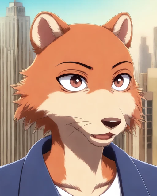 weasel, solo
anthro
male, clothed
bust portrait, city background, detailed anime kemono <lora:beastarsanimestyle:1> beastarsanimestyle, <lora:fluffyrock-quality-tags-v4.rc11.5:0.8> best quality, good quality, masterpiece, high quality