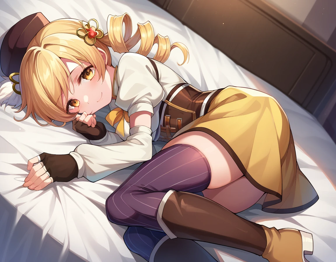 score_9, score_8_up, score_7_up, source_anime,
mamitomoe, <lora:mami-tomoe-ponyxl-lora-nochekaiser:1>,
mami tomoe, blonde hair, drill hair, twin drills, yellow eyes, smile,
boots, brown footwear, brown gloves, corset, detached sleeves, fingerless gloves, gloves, hat, juliet sleeves, knee boots, long sleeves, magical girl, puffy sleeves, skirt, striped, striped thighhighs, thighhighs, thighs, vertical stripes, vertical-striped thighhighs, yellow skirt
indoors, bed, bed room, on side,
looking at viewer, dutch angle, cowboy shot,