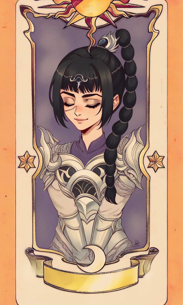 score_9, score_8_up, score_7_up, score_6_up, score_5_up, score_4_up, BREAK,
closed eyes, card, solo, tarot, smile,
1girl, hadowheart, black hair, braided ponytail, scar on face, circlet, armor,
 <lora:ShadowHeartXL:1> <lora:ClowcardsXLLoconr:1>