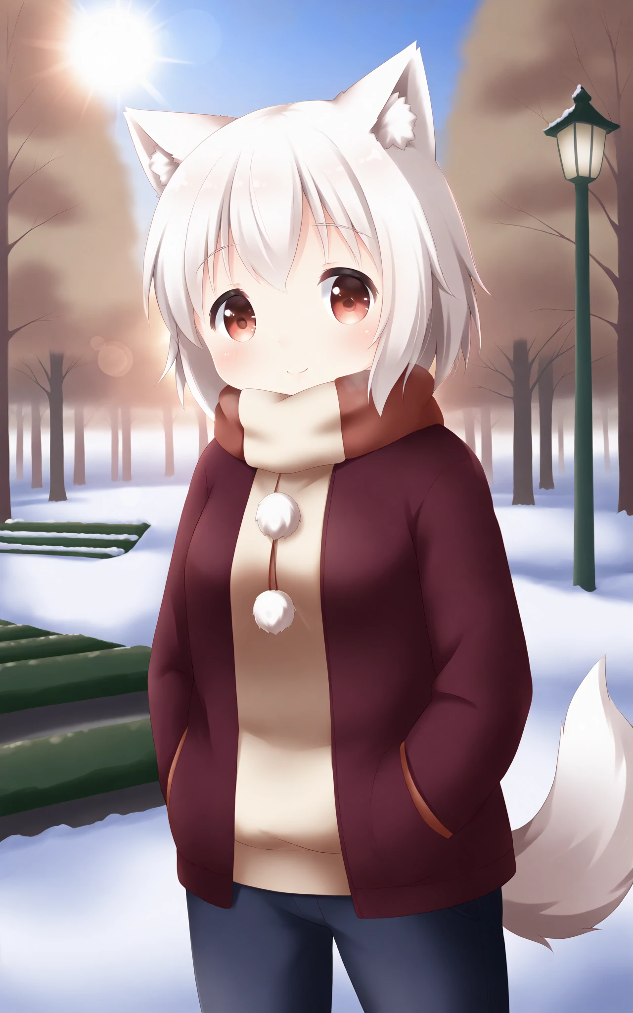 inubashiri momiji, park, forest, winter, snow, lens flare, looking at viewer
