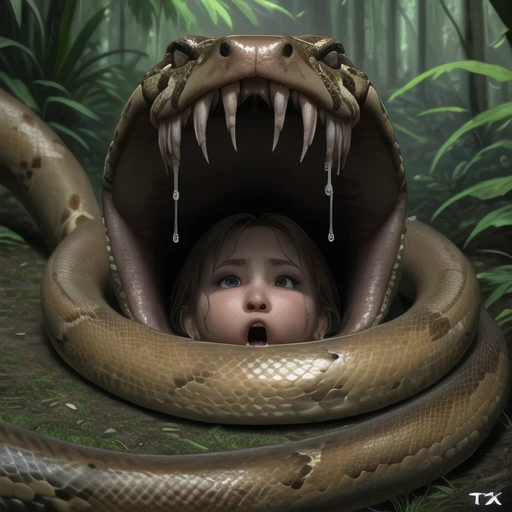 female victim, lying down, swallowed, alive, inside, snake, throat, head, eaten, 1girl, swallowed, saliva, dripping, snake, maw, jungle, raw, masterpiece, ultra best picture, ultra intricate creative detail, hyper realistic detail, ultra hyper photo realism, ultra-hyper immersive visuals, 3D realistic, ultra 4080p, HD, VFX, SFX, FKAA, TXAA, RTX, SSAO,