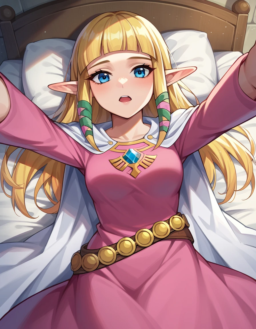 score_9, score_8_up, score_7_up, source_anime,
princesszelda, <lora:zelda-skyward-sword-ponyxl-lora-nochekaiser:1>,
zelda skyward sword, blonde hair, blue eyes, long hair, pointy ears, sidelocks, elf, bangs, blunt bangs, ribbons, hair ribbons,
belt, cape, dress, long sleeves, pink dress, white cape,
indoors, bed, bed room, on back, arm support, arms up, incoming hug, pov, reaching, reaching towards viewer,
looking at viewer, cowboy shot, dutch angle,