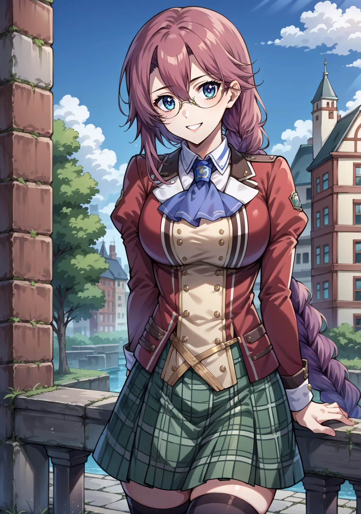 score_9, score_8_up,  source_anime, emma-m-pdxl, 1girl, solo, <lora:Emma_Millstein-PDXL:1>  jewelry, loafers,  blue eyes,  hair between eyes,  smile, pink hair, long hair, braided ponytail,  glasses, daytime, outside, town,  braided ponytail, school uniform, juliet sleeves, red jacket, green plaid skirt, purple neck ribbon, thigh highs,  looking at viewer, thigh highs,  contrapposto:1.2