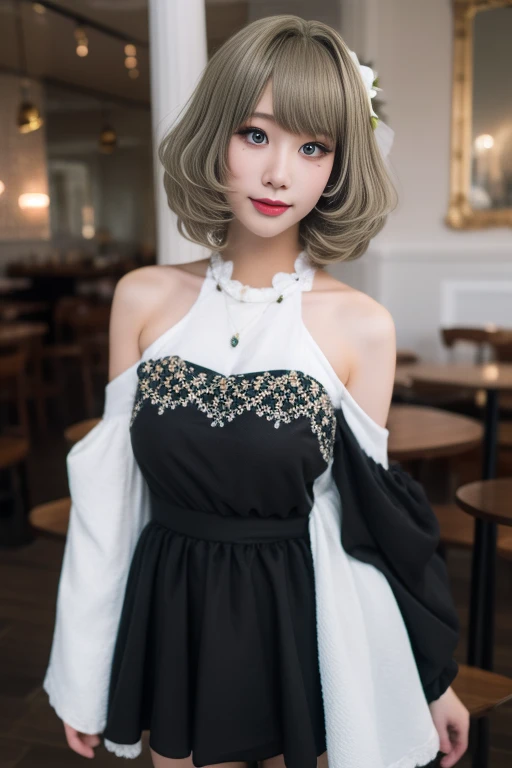 ltra-detailed,highly detailed,best quality,masterpiece,illustration,realistic,photorealistic,
takagaki kaede, 1girl, solo, cosplay, mole under eye,
black dress, wide sleeves, long sleeves, off-shoulder dress, shorts under dress,
short hair, bangs, blonde hair,
looking at viewer, cowboy shot,
indoors, cafe, photo background,
<lora:takagaki kaede_v1_02:1.0>