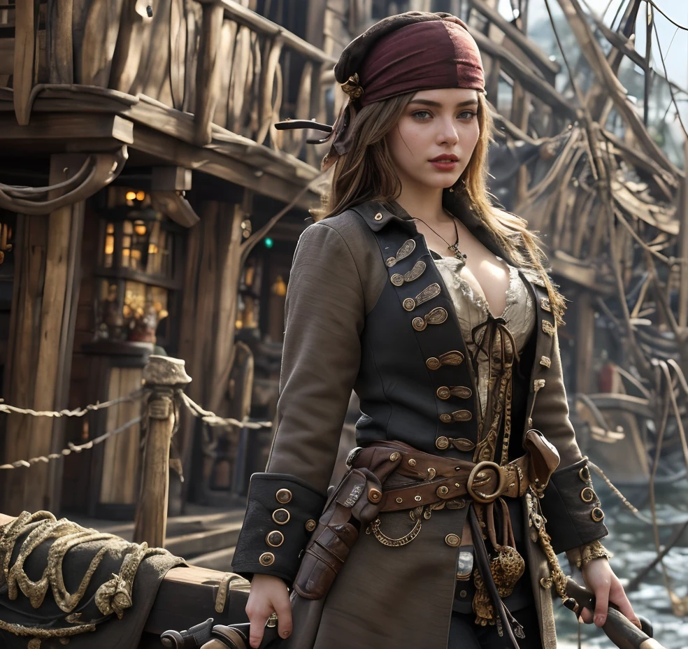 (masterpiece:1.2), (best quality,:1.2), 8k, HDR, ultra detailed, ((photorealistic)), professional light, cinematic lighting, fashion photography, ambient lighting, atmospheric effects, <lora:detail_slider_v4:2>, <lora:zoom_slider_v1:4>, a female pirate, wearing coat, belt, corset, shirt, jewelry, bandana, <lora:PirateGarb:0.56>, in a pirate harbor on a pirate island, <lora:PirateRealms:0.8>, PiRe, epiCPhoto