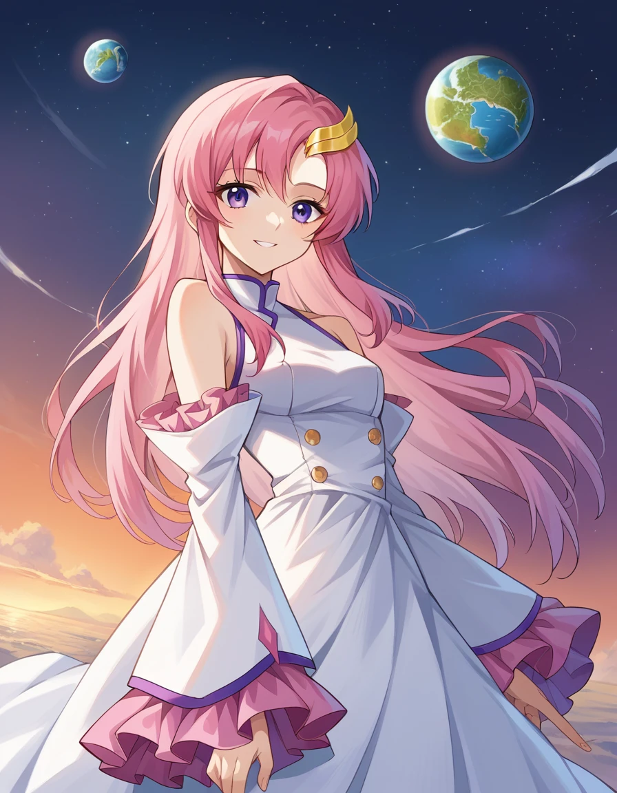 score_9, score_8_up, score_7_up, source_anime,
lacusclyne, <lora:lacus-clyne-ponyxl-lora-nochekaiser:1>,
lacus clyne, purple eyes, hair ornament, long hair, wave hair ornament, pink hair, smile,
dress, long dress, long sleeves, white sleeves, frills frilled skirt, frilled sleeves, detached sleeves, bare shoulders,
outdoors, space,
looking at viewer, dutch angle, cowboy shot,