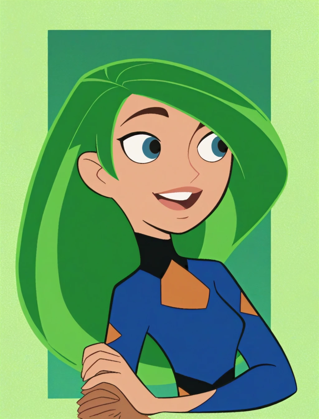 score_9, score_8_up, score_7_up, woman in blue dress with green hair, upperbody <lora:KimPossiblePony:1>