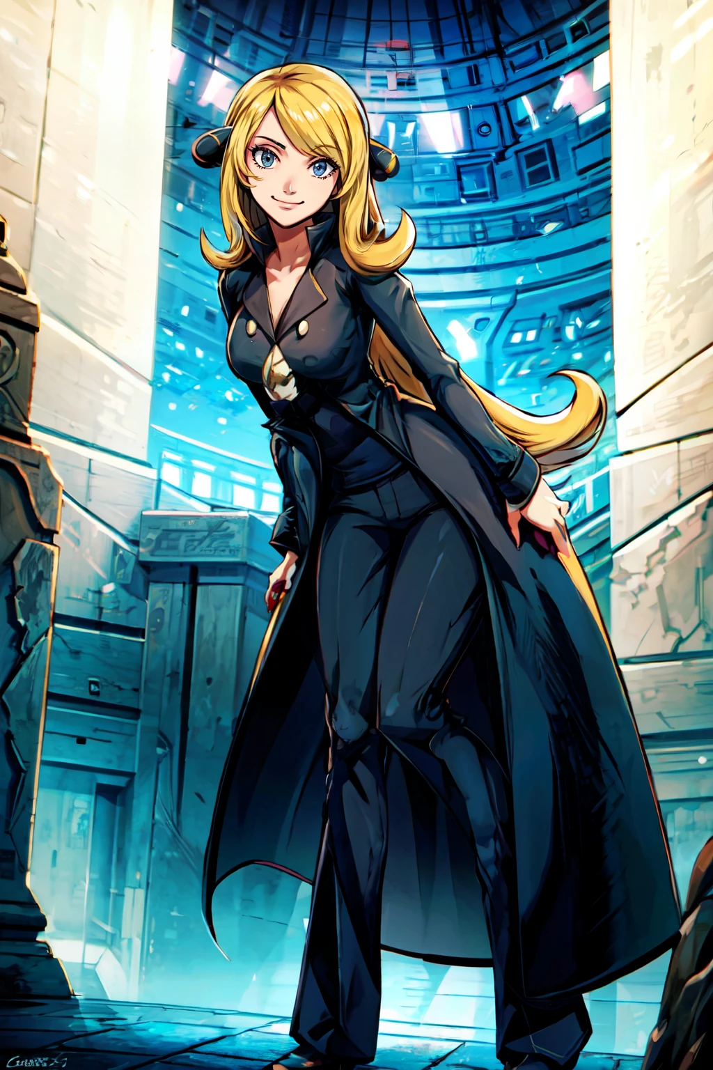 <lora:Genzoman_Style_Dim64:0.6>,((masterpiece,best quality)), absurdres, <lora:Cynthia_Pokemon:0.8>, Cynthia_Pokemon, solo, 1girl, blonde, long hair, black coat, black pants, solo, smiling, looking at viewer, cowboy shot, leaning forward, <lora:more_details:0.5>,