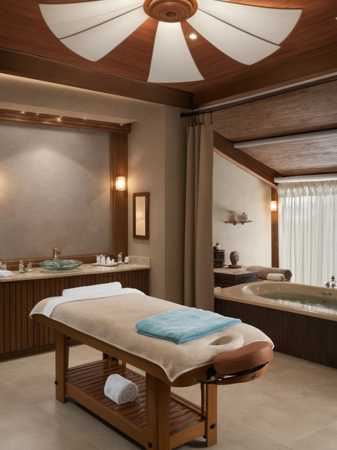<lora:JJsSpa_XL:1>, ((spa treatment room)) , ((best quality)),((masterpiece)),((realistic)), indoors, chair, table, photorealistic, authentic, indoor scenery, highly detailed, wood, ceiling light, towel, curtains, glass, lamp,
