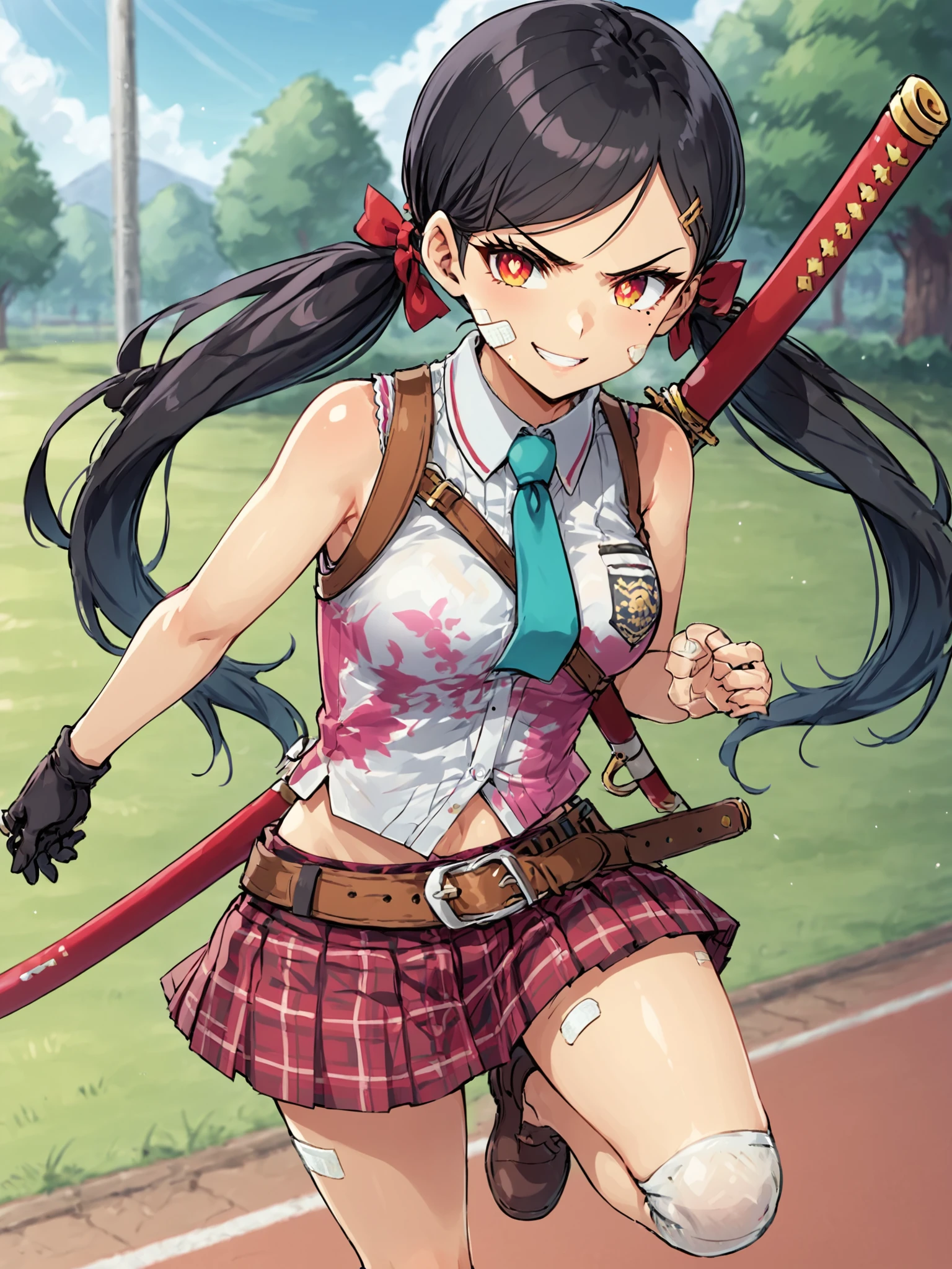 score_9, score_8_up, score_7_up, score_6_up, source_anime, BREAK
1girl, solo, <lora:Onechanbara2_Saki_Pony_v1:0.8>, low twin tails, red ribbons, yellow eyes, (red pupils:1.3), black hair, very long hair, sleeveless, white collared shirt, black gloves, hair ornament, teal necktie, pleated red skirt, plaid red skirt, midriff, belt, miniskirt, holding a katana, mary janes, brown footwear, (running:1.3), smile, serious, bandaid on cheek, bandaged leg, bandaged arm, fishnet, mole under eye, bandaid on knee,