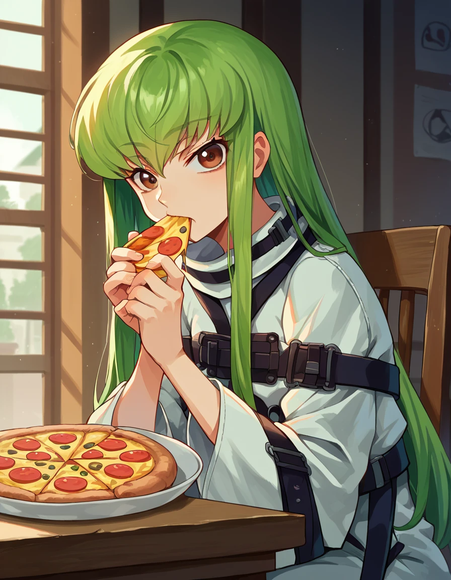 score_9, score_8_up, score_7_up, source_anime,
codegeasscc, <lora:codegeass-cc-ponyxl-lora-nochekaiser:1>,
cc, brown eyes, green hair, long hair, straight hair,
straitjacket, white straitjacket, wide sleeves,
indoors, eating, pizza, sitting, table, chair,
looking at viewer, dutch angle, cowboy shot,