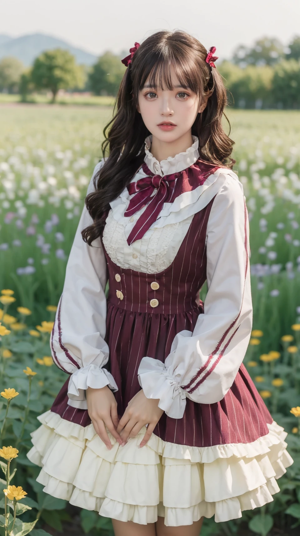 best quality,HDR,UHD,8K,Vivid Colors,solo,photo_,(1girl:1.3),(standing:1.3),(looking at viewer:1.4),Elegant,detailed gorgeous face,(cowboy shot:1.2),morning,(flower field background:1.2),black eye,long hair,<lora:Twinkle13:0.75>,dress,ribbon,long sleeves,frilled dress,crinoline,(flower field:1.3),