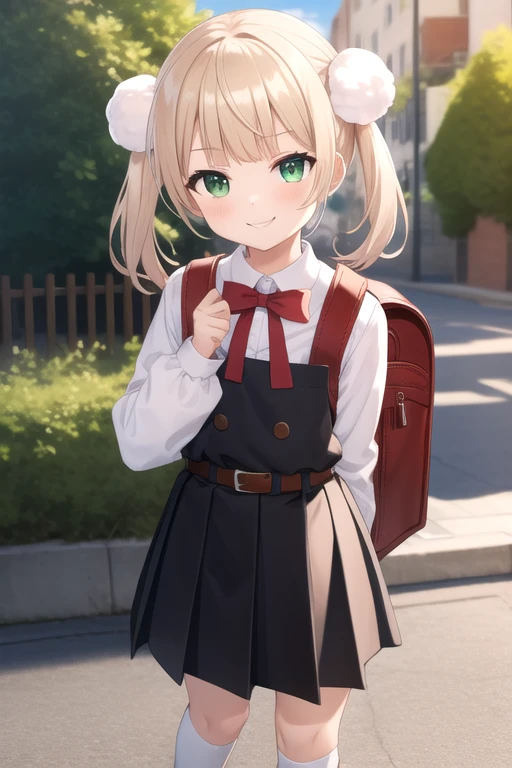 ((masterpiece)),(best quality),official art,extremely detailed CG,unity 8k wallpaper,ultra detailed,beautiful detailed eyes,extremely detailed face,outdoors,1girl,solo,cowboy shot,looking at viewer,facing viewer,smile,smug,smirk,aged down,child,shigure ui (vtuber),short hair,light brown hair,twintails,pom pom hair ornament,hair intakes,green eyes,school uniform,bangs,red bow,collared shirt,white shirt,long sleeves,randoseru,red backpack,belt,black dress,sleeveless dress,pleated dress,pinafore dress,flat chest,kneehighs,white socks,black footwear,uwabaki,<lora:Shigure Ui(vtuber)-Update>,