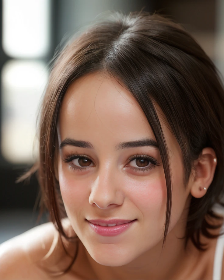 a picture of alizee15 woman , brunette, realistic, photorealistic, detailed skin, surface scattering, bokeh, skin pores, indoors,wearing a dress,subtle smile,detailed face, <lora:alizee15 (5):1> black eyes