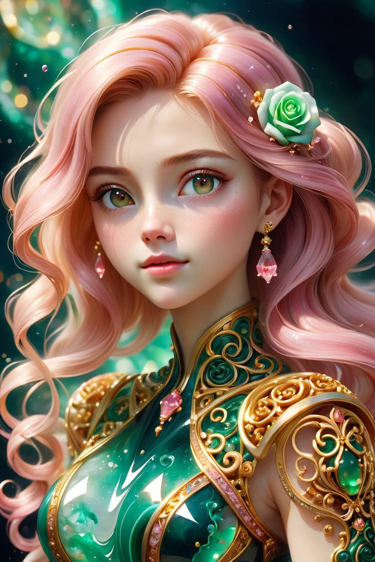 score_9, score_8_up, score_7_up, score_6_up, score_5_up, A beautiful rose gold haired gold eyed woman with rose quartz gems in her hair, (masterpiece), (realistic), 8k, RAW photo, very wide shot, octane render, unreal engine, volumetrics dtx, (film grain, bokeh, blurry foreground) sparkling, elegant and unique, gently swaying, mysterious and charming, realistic and abstract art, details, very realistic, beautiful and vital, dreamlike and surreal, delicate brush strokes and rich colors, beauty and mystery, unimaginable beauty,Ornate And Intricate, transparent, translucent, Agate material, jade material, BY Anne Bachelier
