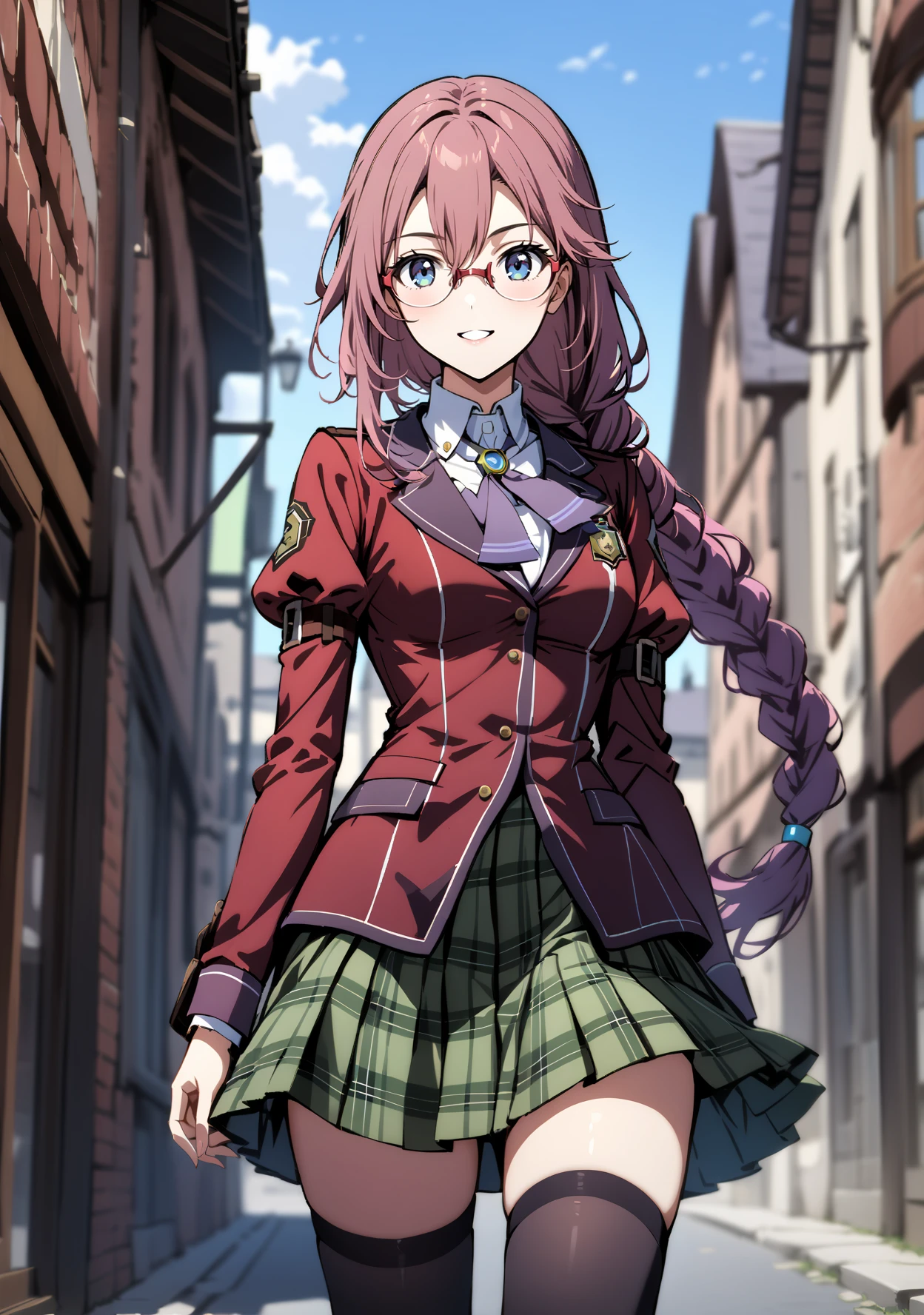 emma-m-pdxl, 1girl, solo, <lora:Emma_Millstein-PDXL:1>  jewelry, loafers,  blue eyes,  hair between eyes,  smile, pink hair, long hair, braided ponytail,  glasses, daytime, outside, town,  braided ponytail, school uniform, juliet sleeves, red jacket, green plaid skirt, purple neck ribbon, thigh highs,  looking at viewer, thigh highs,  contrapposto:1.2