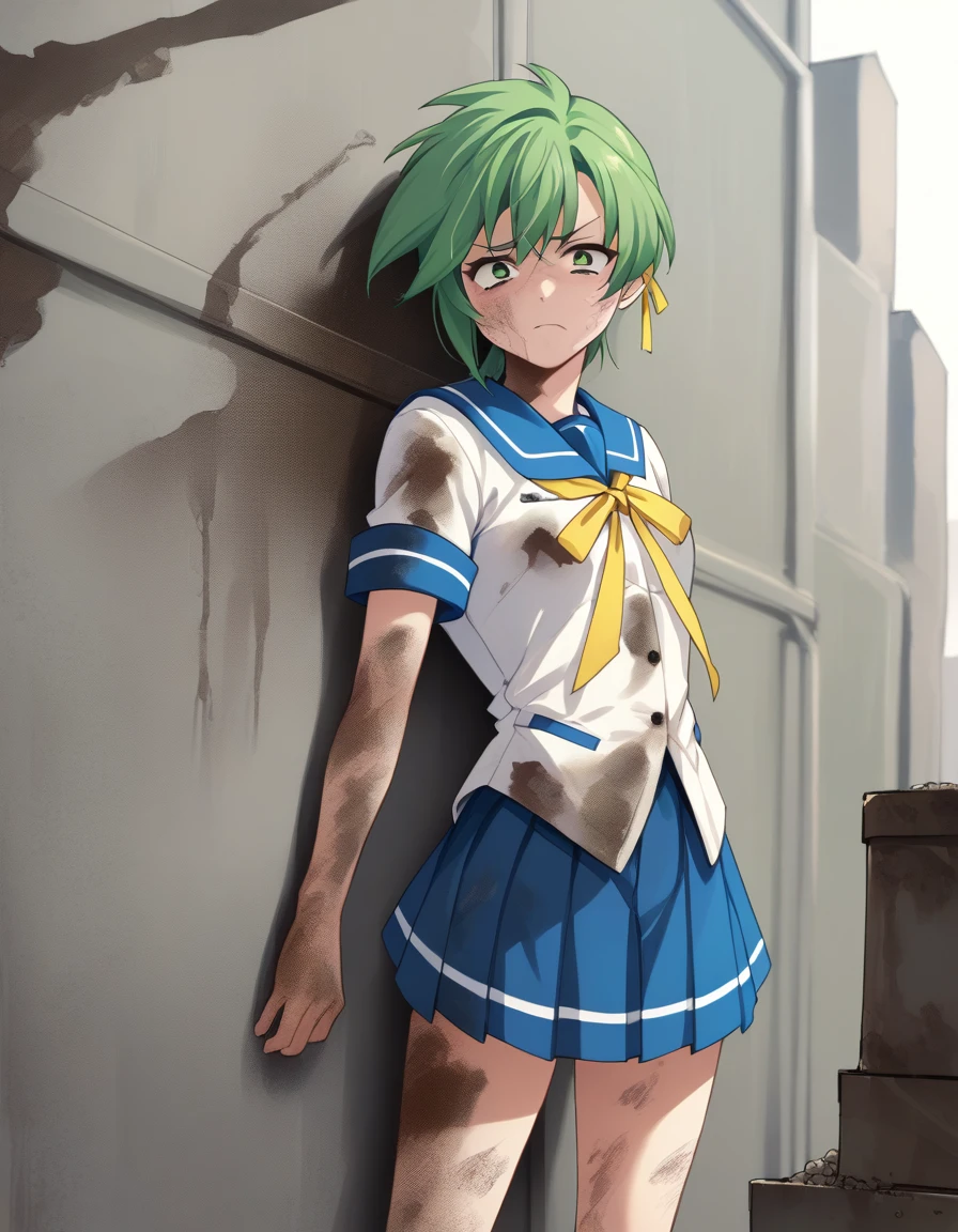 <lora:elnie-ponyxl-000022:1> elnie,
serafuku, yellow ribbon, pleated skirt,
1girl, defeat, dirt, dirty face, dirty clothes, grimace, against wall, score_9, score_8_up, score_7_up, score_6_up, score_5_up, score_4_up