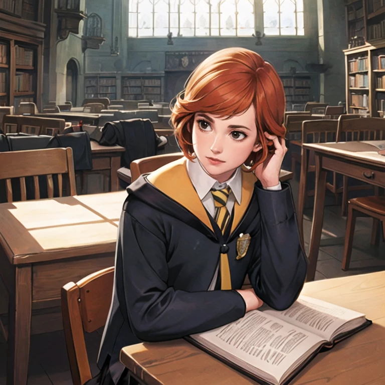 (best quality, ultra detailed), (detailed background:1.2), (perfect face, detailed face), (light rays, mature female:1.4), janecourt, 1girl, orange hair, solo, brown eyes, medium breasts, (hogwarts school uniform:1.1), black skirt, black pantyhose, collared shirt, white shirt, yellow necktie, striped necktie, wooden chair, desk, (looking down, window, indoors, sitting, reading, shadow, dark, leaning on desk, library, studying:1.2), (resting head, resting on elbow:1.3), <lora:JaneCourt_v1:0.73>, <lora:a_beam_of_light_v1.04:0.4>