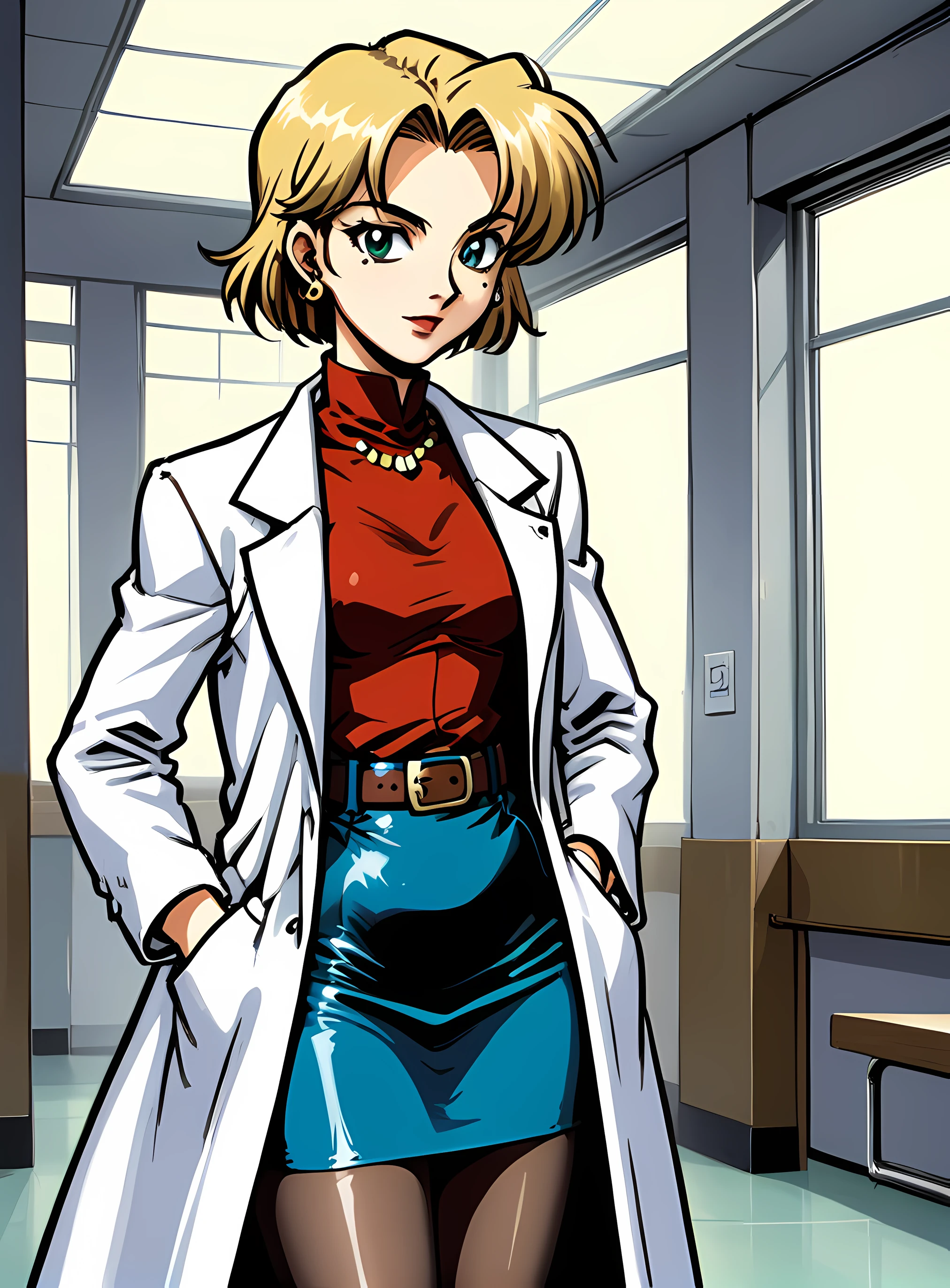 retro artstyle,1990s (style),oldest, <lora:Ritsuko:0.7> Ritsuki Akagi, 1girl,solo,short hair,skirt,blonde hair,jewelry,green eyes,pantyhose,earrings,belt,mole,mole under eye,pencil skirt,hand in pocket,labcoat