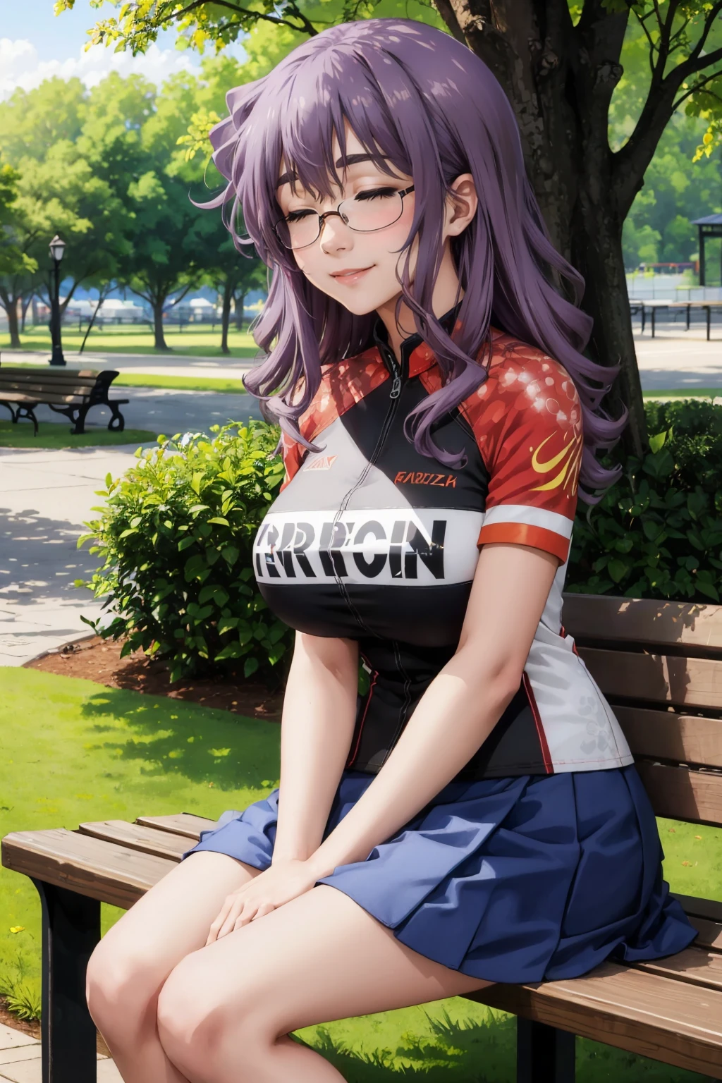 masterpiece, best quality, 1girl, <lora:ichinoseyayoi-nvwls-v1-000009:0.9> ichinoseyayoi, glasses, closed eyes, red and black shirt, short sleeves, clothes writing, blue skirt, shorts under skirt, large breasts, sitting, bench, park, tree, smile