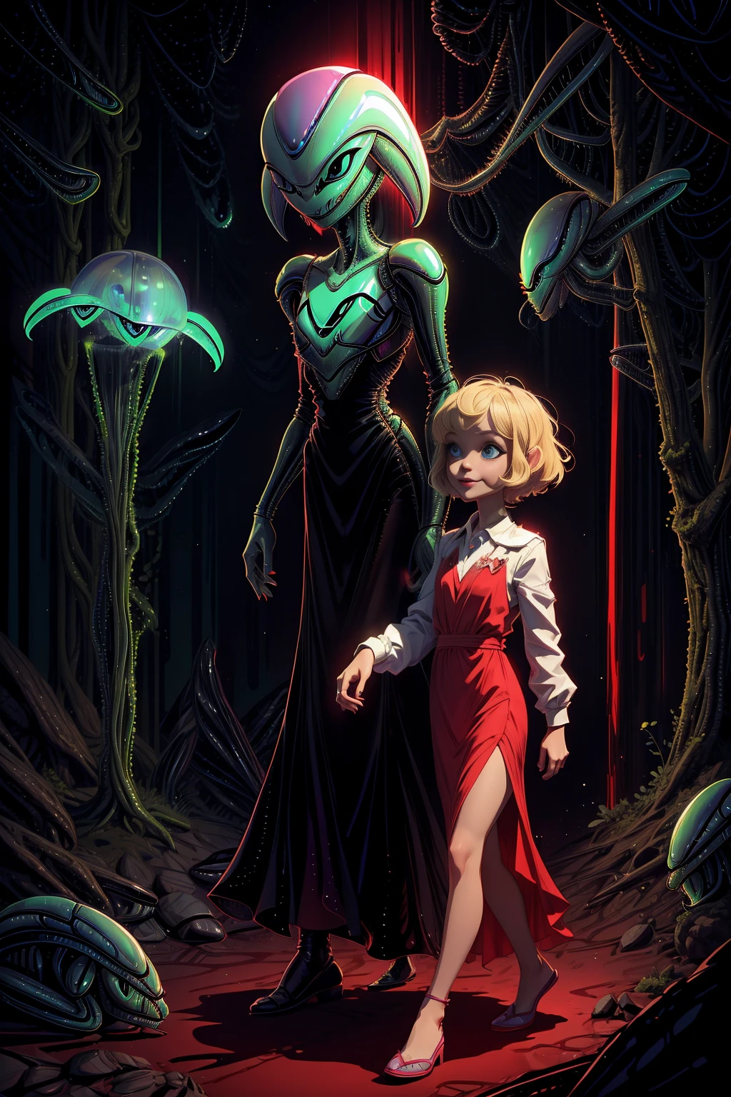 <lora:AlienWorld:1> (AlienWorld:1.15) 1girl ,( short blonde hair:1.2),walking in forest with a long dress, red bra smiling