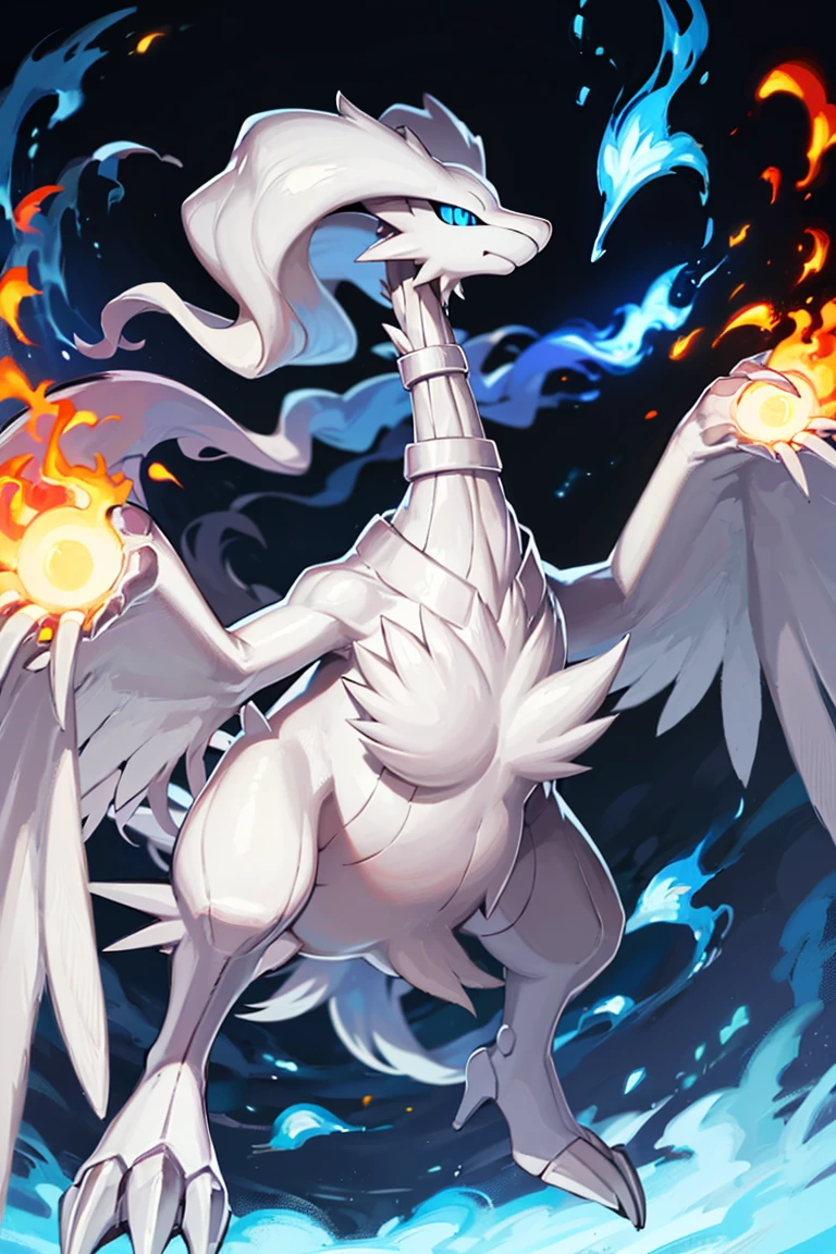 ((masterpiece,best quality)), absurdres,
,
Reshiram, 
blue eyes, blue fire, claws, fire, from below, grey background, no humans, simple background, glowing eyes,