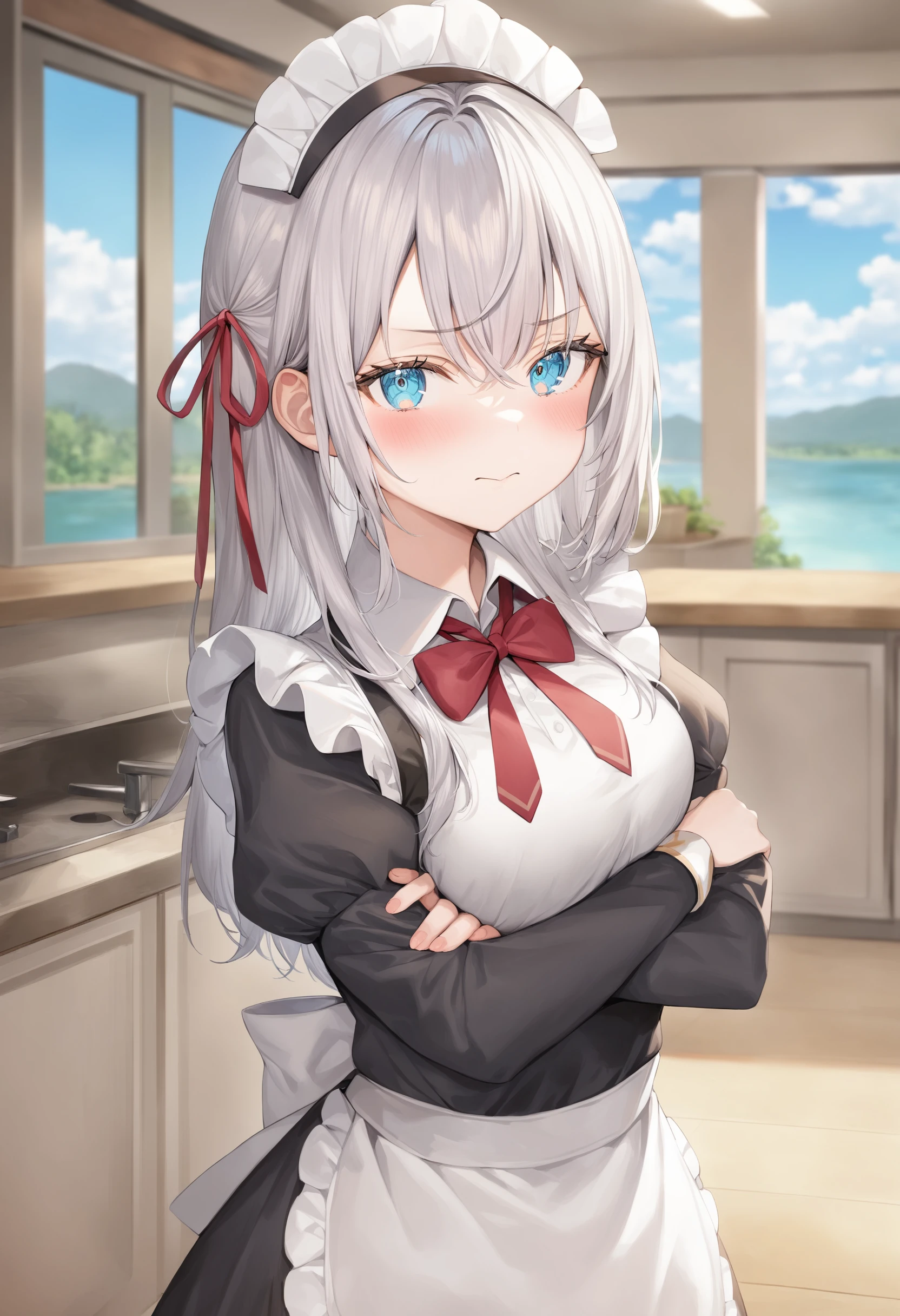 1girl,  alisa mikhailovna kujou,tokidoki bosotto roshia-go de dereru tonari no arya-san,<lora:alisa_XL_v1:0.8>
solo, long hair, eyebrows visible through hair, hair between eyes, silver hair, hair ribbon, blue eyes, medium breasts, maid,maid headdress, maid apron,
ceiling, panorama shot, looking back, furled brow, lake, closed mouth,
best quality, very aesthetic, absurdres