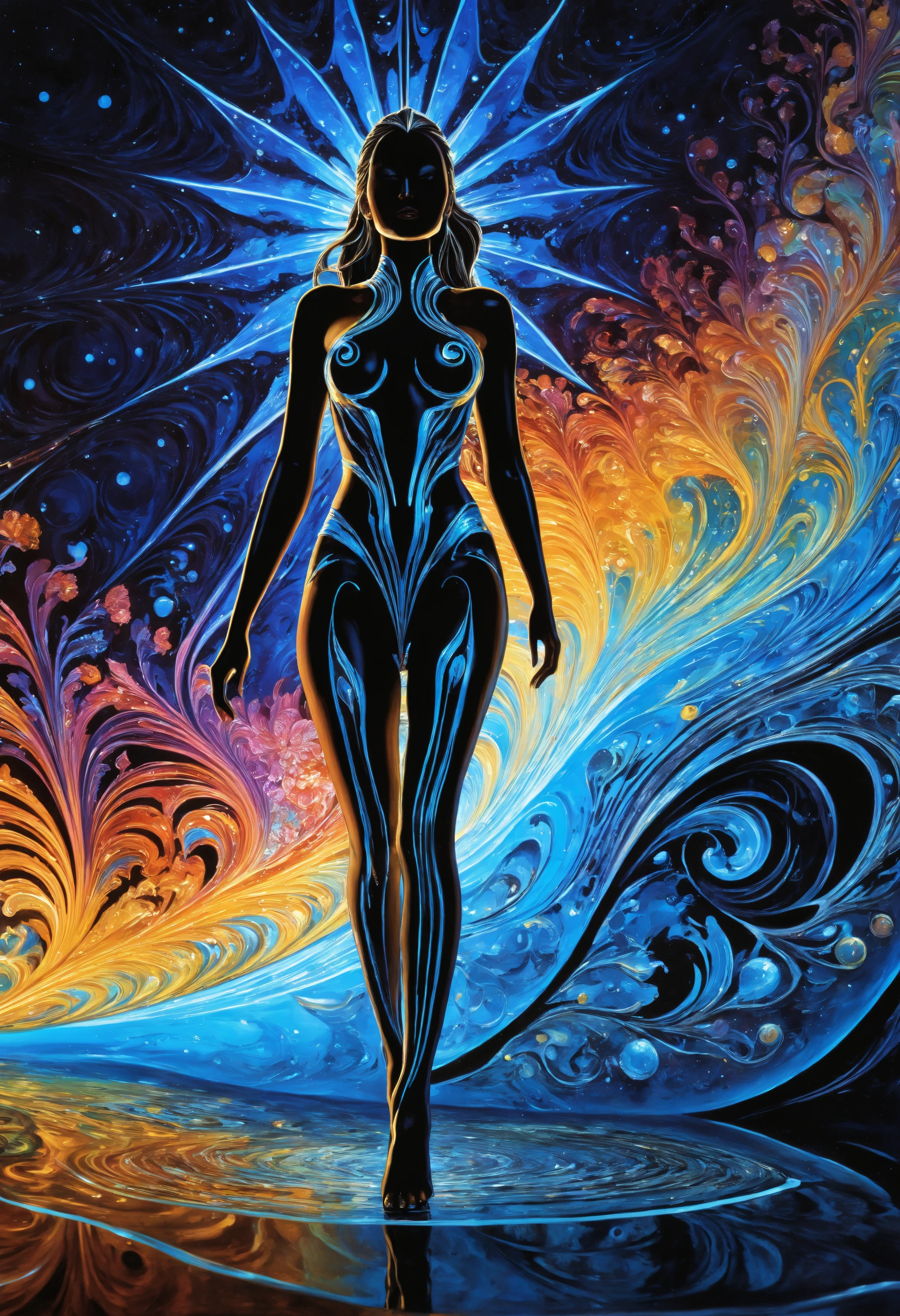 (Acrylic Pour Painting +oil conditioner), ((perfect photo:1.6)), fantastic epic masterpiece,((full-body-shot)),((walking posing on fantastic quartz surface:1.4)), medium distance masterpiece, highest esthetic score, photo of an exquisitely beautiful pale skin european 1girl, futuristic fantasy figure in style of vector batik made of neon ink. (Perfect lower-leg:1.3 line), sci-fi still, extremely detailed, insanely detailed, realistic shadows and reflections, overall perfect,(asymmetric background),
(epic graphic work from most famous fantasy book1.5), (stellar masterpiece1.6), (visually breathtaking1.7), 16K, An awe-inspiring lines made with neon light in the complete darkness captures the essence of an (epic graphic work from most famous fantasy book1.3), with (fractal design1.4) and (intricate details1.4) unfolding. The (vector brilliance1.4) adds to the (alluring atmosphere1.4) surrounding this (timeless eternal moment1.4). Trending on Fantasy Art Hubs. made with neon light in the darkish scene captures the essence of star birth, ((shiny wet pupils)),global illumination,
32K, Quantum dot, UHDR, luminous face, Ethereal glow , cinematic, reallife!,fantasy details,Jasmine Beckett Griffith, Karl Brulov, Peter Rubens , sharp focus, hyperdetailed, beautiful, mysterious,fantasy details,Jasmine Beckett Griffith, Karl Brulov, Peter Rubens , sharp focus, hyperdetailed, unfolding event. The (vector brilliance1.4) adds to the (alluring atmosphere1.4) surrounding this (timeless eternal moment1.4). Trending on Fantasy Art Hubs, mist and smoke surrounds the center.