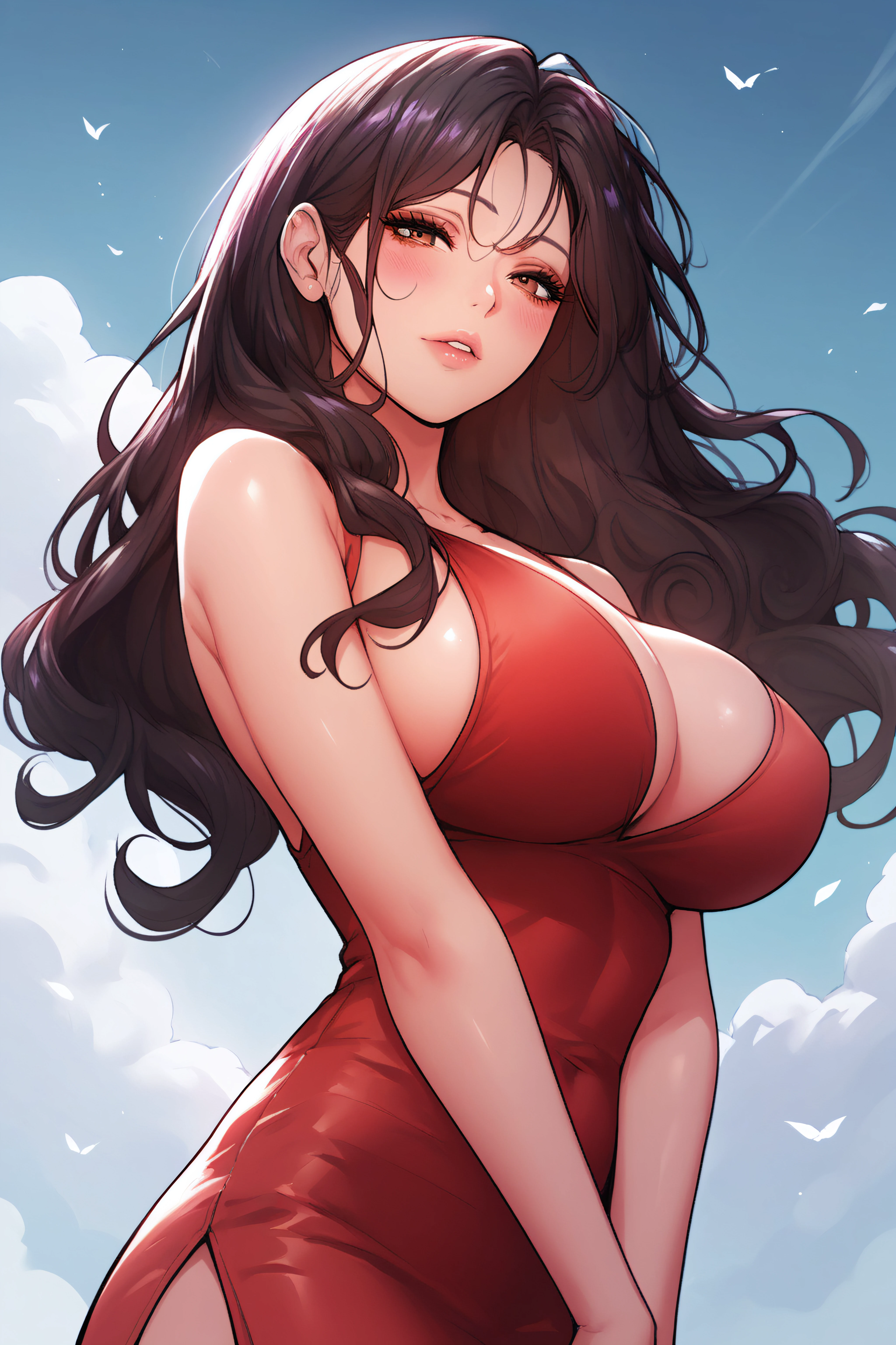 girl in summer clothes, red skirt, pantyhose or long stockings, making like she wants to kiss you, view from viewer, medium breasts, cleavage, cityscape, flirtatious look, ((very detailed)), (perfectly detailed face), (well detailed hand) photorealistic image.