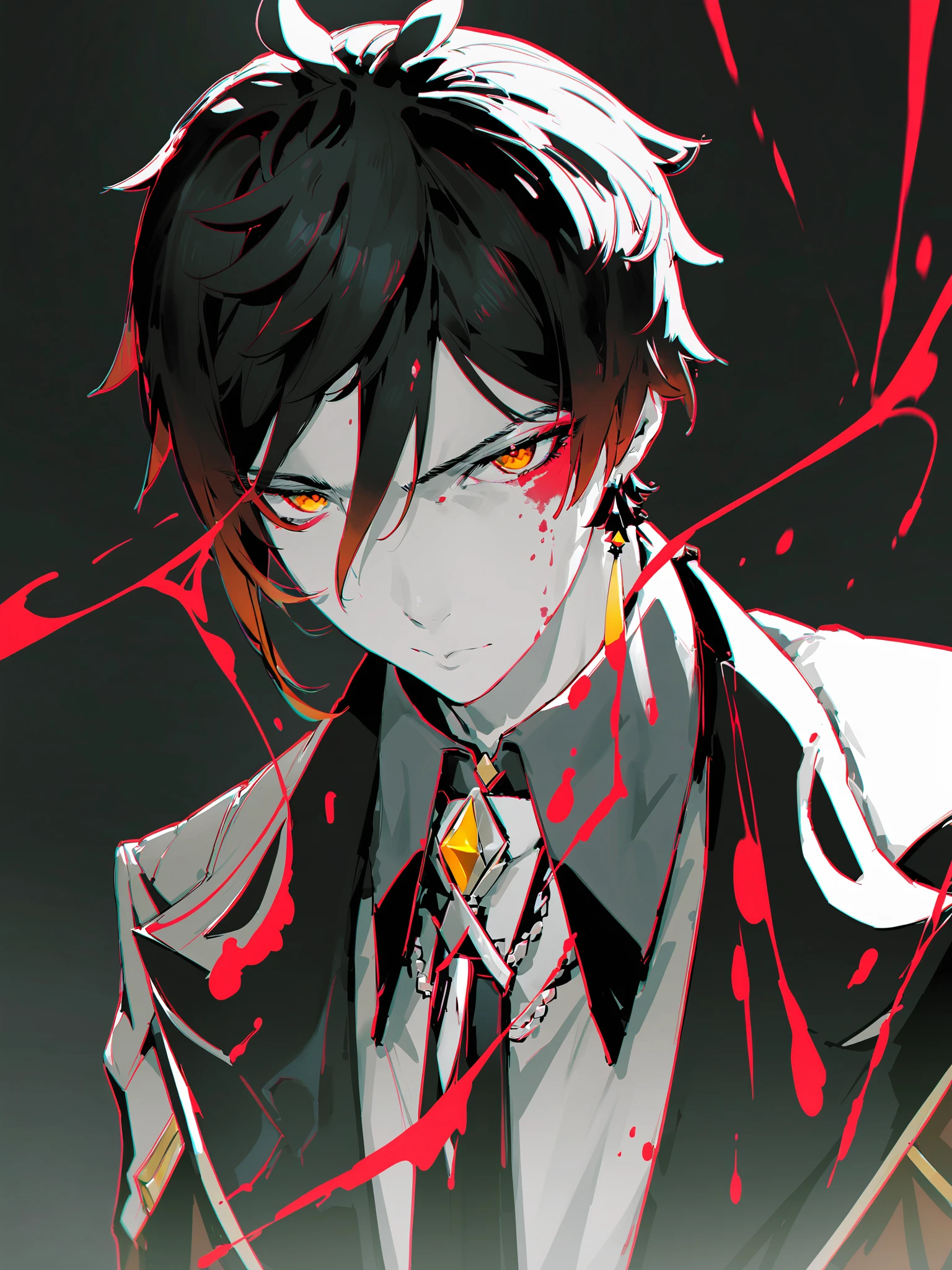 masterpiece,best quality,dispersion,<lora:style26-xl:1>, solo,zhongli \(genshin impact\),blood,mature male, 1man,spot color, male focus,red eyes, monochrome,necktie,low ponytail, black background, simple background, greyscale, formal, closed mouth, suit, upper body, blurry, looking at viewer, bangs, hair over one eye