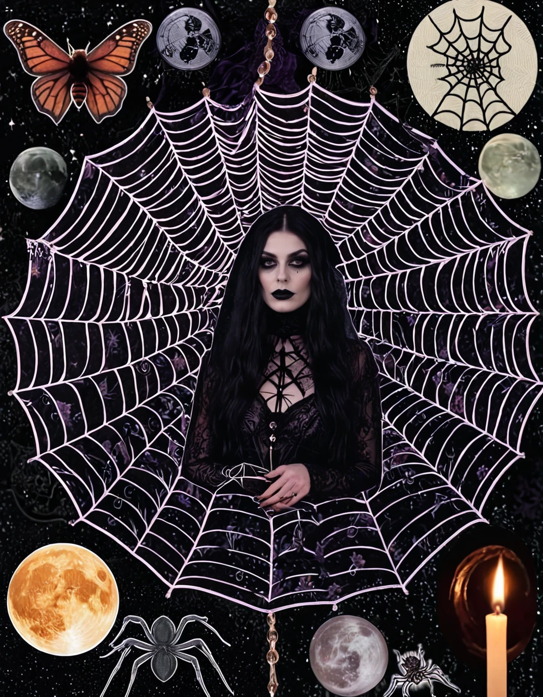 <lora:lora_witchcraftstyle_v2:1>, witchcraftstyle, spider web, silk, a collage of various images of witches, occult aesthetic, â¨ðð, photoshop collage, digital collage, gothic aesthetic, goth aesthetic, occult aesthetics alchemy, hd mixed media collage, a collage, magic aesthetic, collage artwork, esoteric art, collage art, goth girl aesthetic, occult dream, dreamcore aesthetic