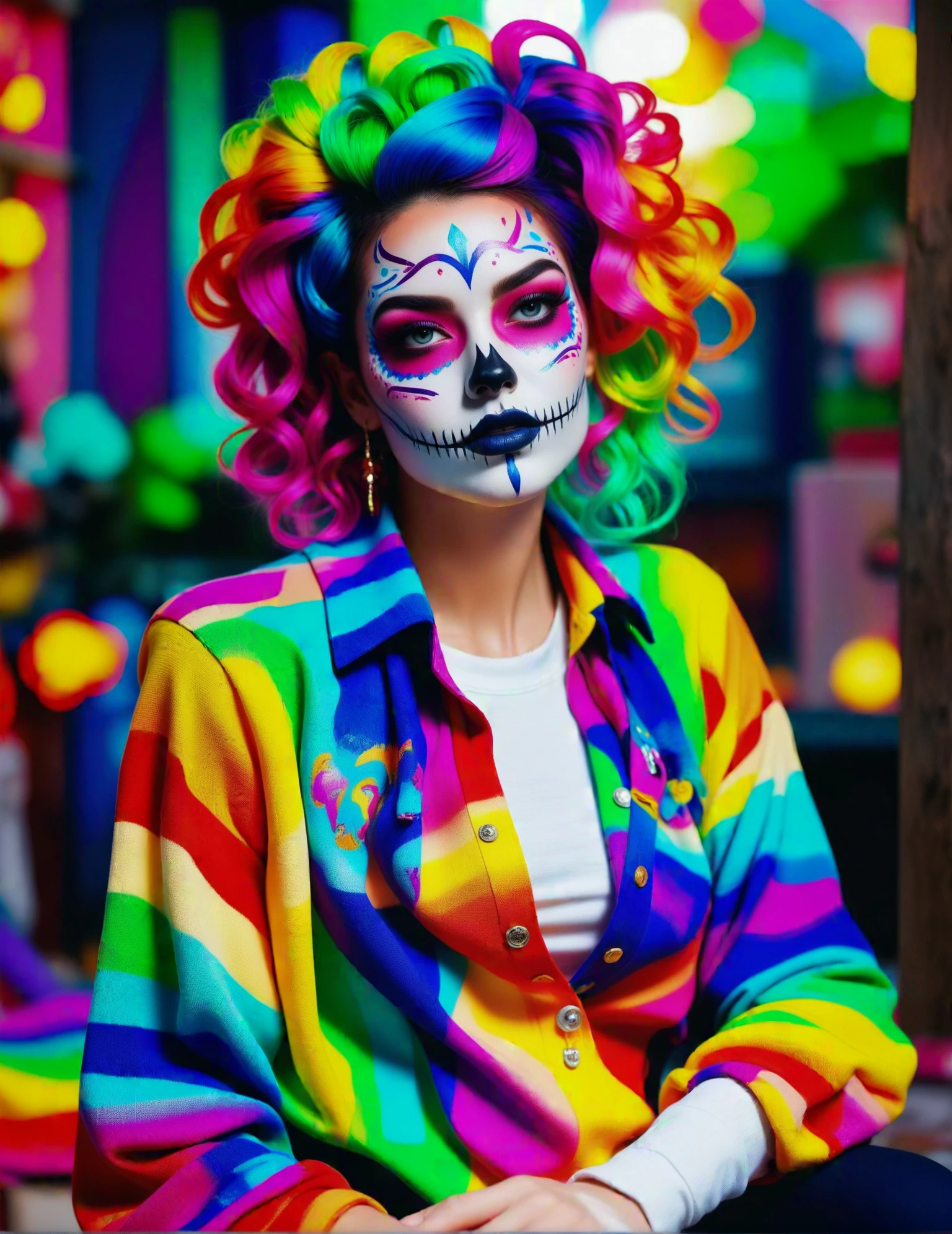 masterpiece of photorealism, photorealistic highly detailed 8k photography, best cinematic quality, volumetric lighting and shadows, young woman in ktrmkp face paint, Rainbow Gradient Wavy Shag hairstyle, Plus Size Hourglass: Larger sizes with well-defined waist and balanced proportions, Sweater Vest over a Collared Shirt and Tailored Trousers, spectacular_female_poses, Wine Cellars in Historic Wineries full of busy people, Dynamic Dolly Zoom Effect, **Firelight**: Utilizes the warm, shifting tones of a fire to create a dynamic and captivating scene <lora:Katrina XL - 18:1>
