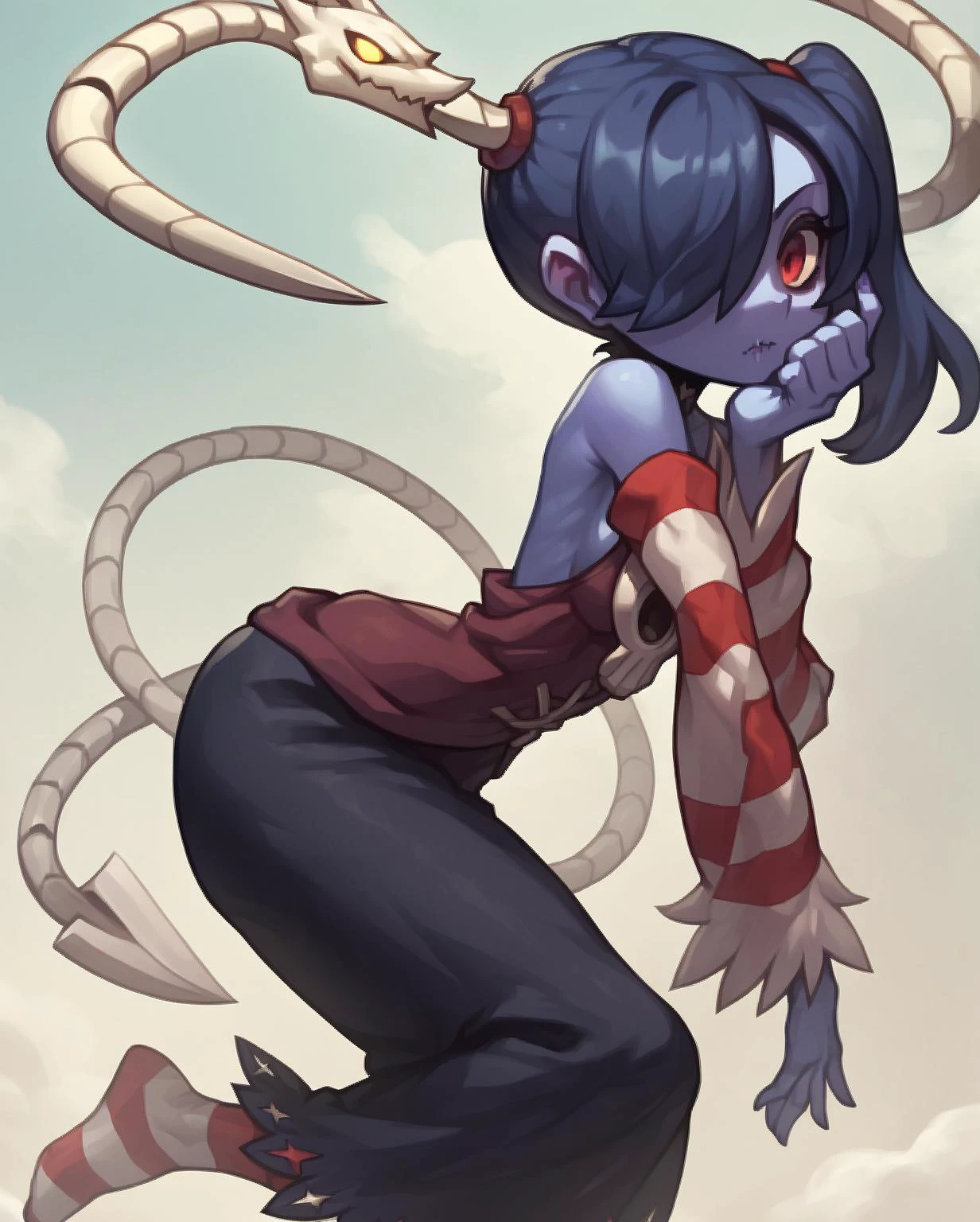 score_8_up, score_7_up, score_6_up, score_5_up, score_4_up, anime screenshot
<lora:Squigly (XL):1> 1girl, blue_skin, stitches, side_ponytail, hair_over_one_eye, red_eyes, blue_hair, striped_legwear, long_skirt
upper body,looking at viewer, clouds