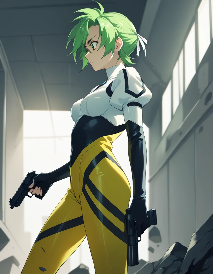 <lora:elnie-ponyxl-000022:1> elnie,
pilot suit, bodysuit, white turtleneck, puffy sleeves, yellow pants,
1girl, solo, hallway, from side, holding gun, serious, rubble, looking down, score_9, score_8_up, score_7_up, score_6_up, score_5_up, score_4_up