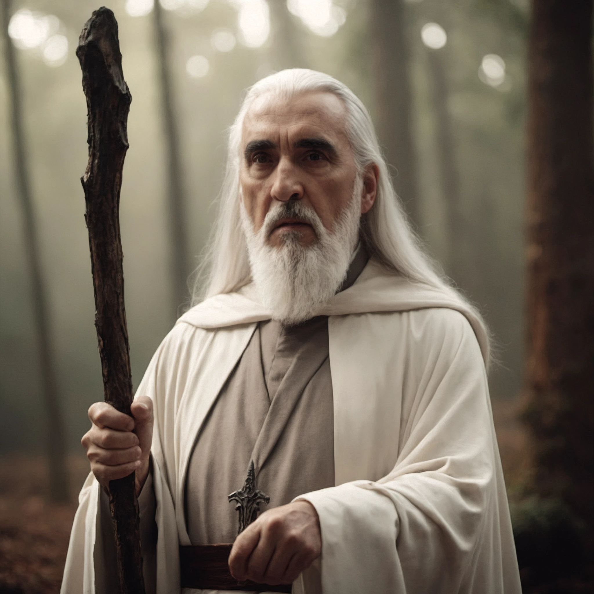 cinematic film still CntDK as Saruman, forest background, very long white beard, white robes, white clothes, holding a wizard staff, dark brown eyes . shallow depth of field, vignette, highly detailed, high budget, bokeh, cinemascope, moody, epic, gorgeous, film grain, grainy