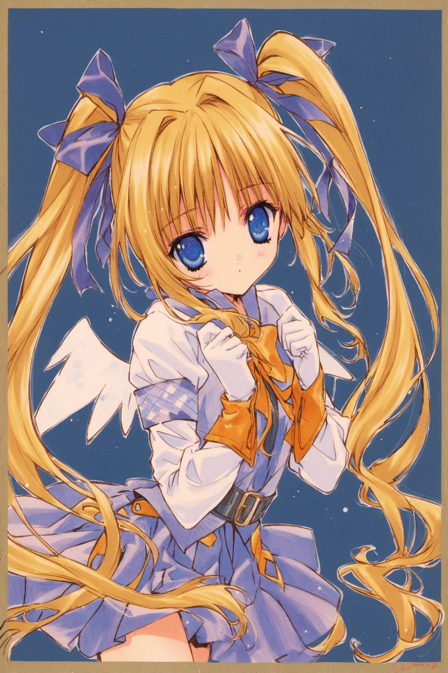 1girl,solo,twintails,blonde hair,blue eyes,long hair,ribbon,wings,gloves,hair ribbon,skirt,long sleeves,blue background,traditional media,<lora:Aoi Nanase_XL:0.9>,