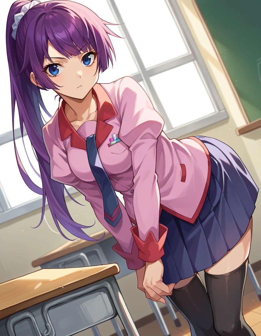 score_9, score_8_up, score_7_up, source_anime,
hitagisenjougahara, <lora:hitagi-senjougahara-ponyxl-lora-nochekaiser:1>,
senjougahara hitagi, long hair, bangs, ponytail, sidelocks, scrunchie, blue eyes, purple hair,
skirt, thighhighs, school uniform, necktie, black thighhighs, zettai ryouiki, naoetsu high school uniform,
indoors, classroom, bent over,
looking at viewer, cowboy shot, dutch angle,