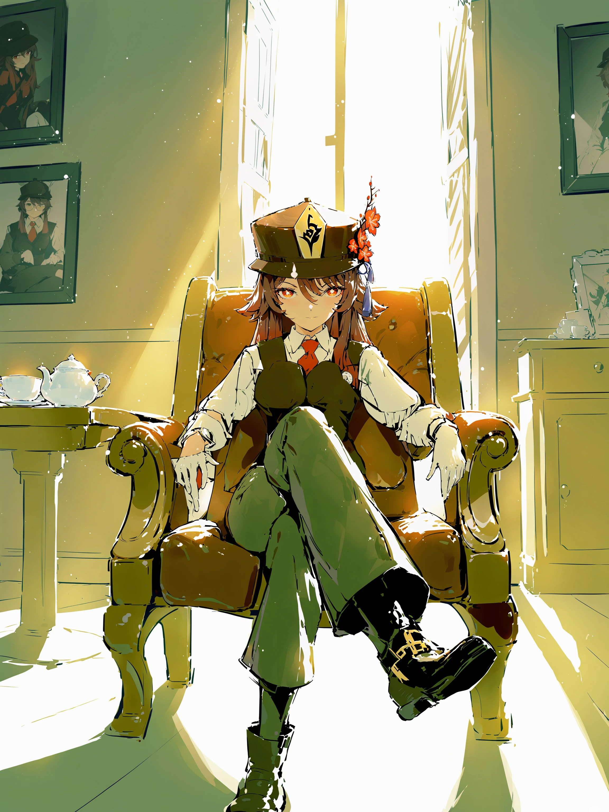 masterpiece, best quality, <lora:style26-xl:1>,1girl, solo, hu tao \(genshin impact\),necktie, chair, sitting, hat, shirt, red necktie, indoors, vest, cup, crossed legs, looking at viewer, pants, white shirt, window, sunlight, gloves, teacup, long sleeves, breasts, boots, black footwear, collared shirt, table, saucer, full body, deerstalker, detective, photo (object), light particles, closed mouth, lamp, armchair, white gloves, teapot, pocket watch, monocle hair ornament, alternate costume, black vest, interlocked fingers, brown headwear, magnifying glass