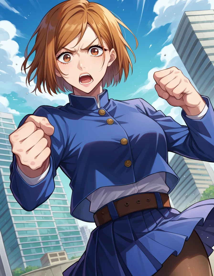 score_9, score_8_up, score_7_up, source_anime,
nobarakugisaki, <lora:nobara-kugisaki-ponyxl-lora-nochekaiser:1>,
nobara kugisaki, bob cut, brown eyes, brown hair, lips, short hair,
belt, brown belt, brown pantyhose, crop top, crop top overhang, jujutsu tech uniform, pantyhose, pleated skirt, shirt tucked in, skirt, blue skirt, blue crop top,
outdoors, cityscape, fighting stance, shouting, open mouth,
looking at viewer, cowboy shot, dutch angle,