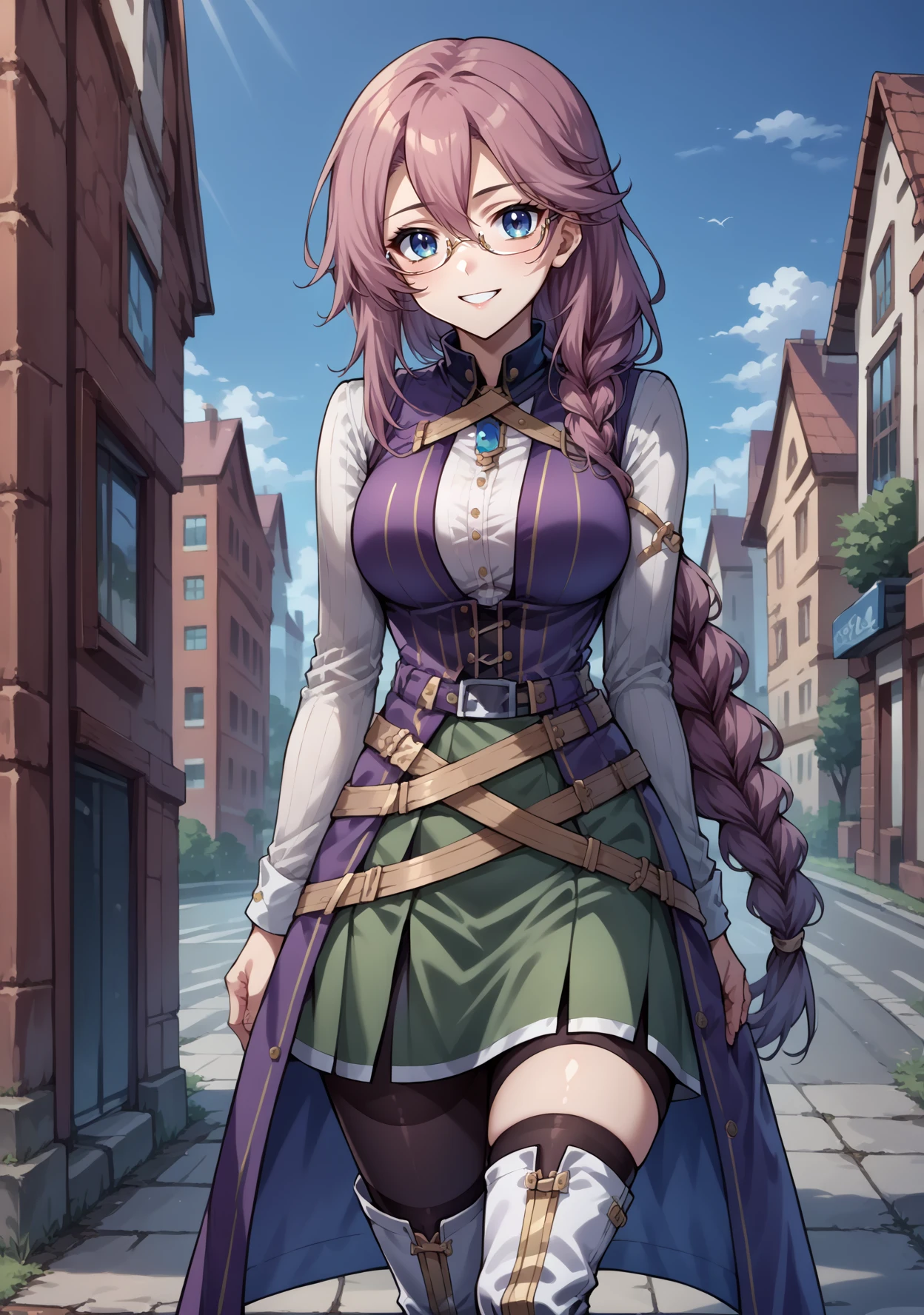 score_9, score_8_up, source_anime, emma-m-pdxl, 1girl, solo, <lora:Emma_Millstein-PDXL:1>  jewelry,   blue eyes,  hair between eyes,  smile, pink hair, long hair,   glasses, daytime, outside, town,  braided ponytail, purple sleeveless coat, sleeveless coat, white shirt, long sleeve white shirt:1,  green skirt, belts, white knee boots, looking at viewer, thigh highs,  contrapposto:1.2, pantyhose