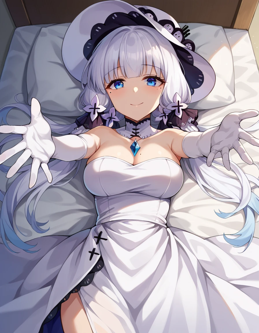 score_9, score_8_up, score_7_up, source_anime,
illustrious, <lora:azur-lane-illustrious-ponyxl-lora-nochekaiser:1>,
illustrious, blue eyes, hair ornament, hair ribbon, long hair, mole, mole under eye, white hair, smile,
dress, elbow gloves, gloves, hat, ribbon, white dress, white gloves, white headwear,
indoors, bed, bed room, on back, arm support, arms up, incoming hug, pov, reaching, reaching towards viewer,
looking at viewer, cowboy shot, dutch angle,